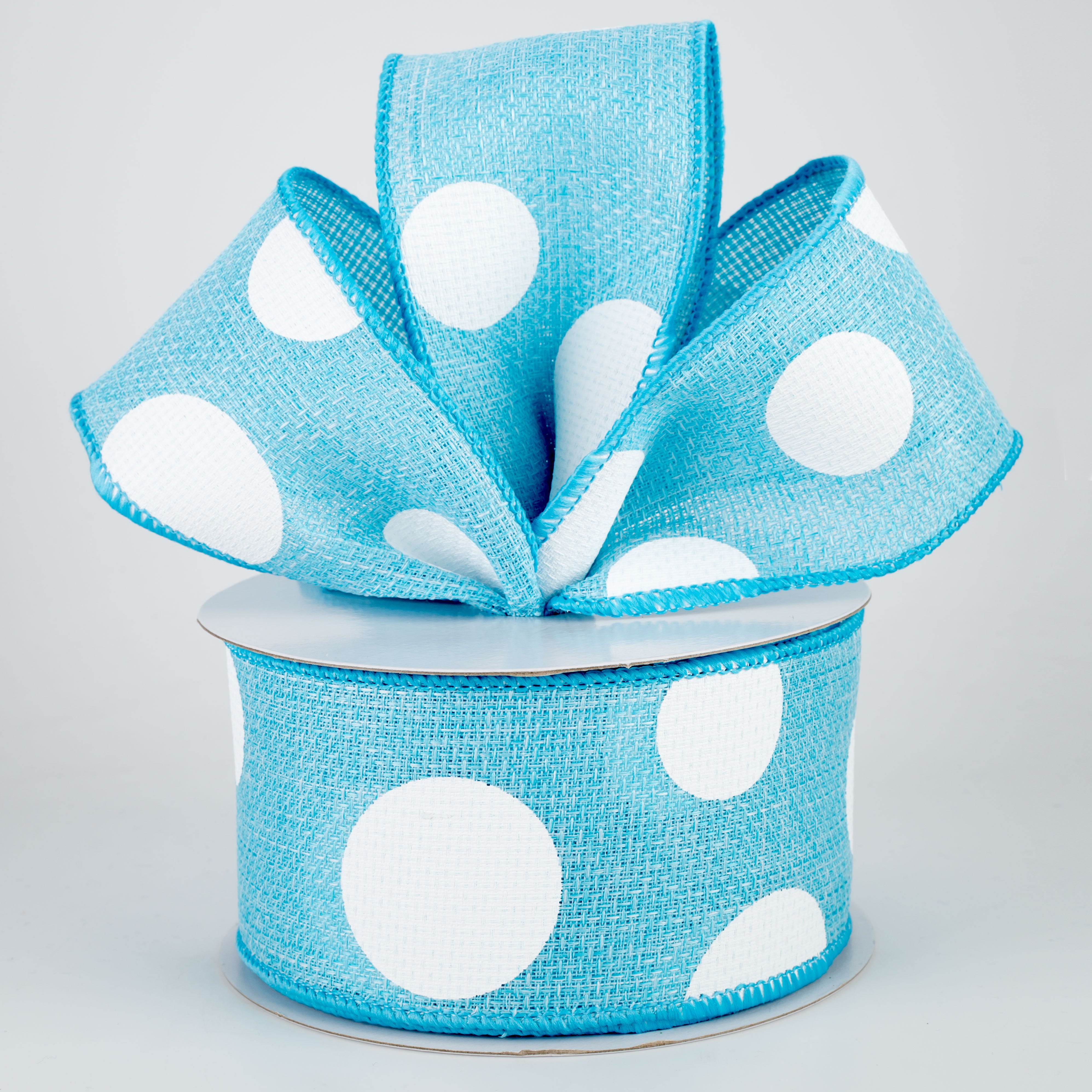 2.5" Faux Burlap Giant Polka Dot Ribbon: Light Blue & White (10 Yards) Lifestyle Photo