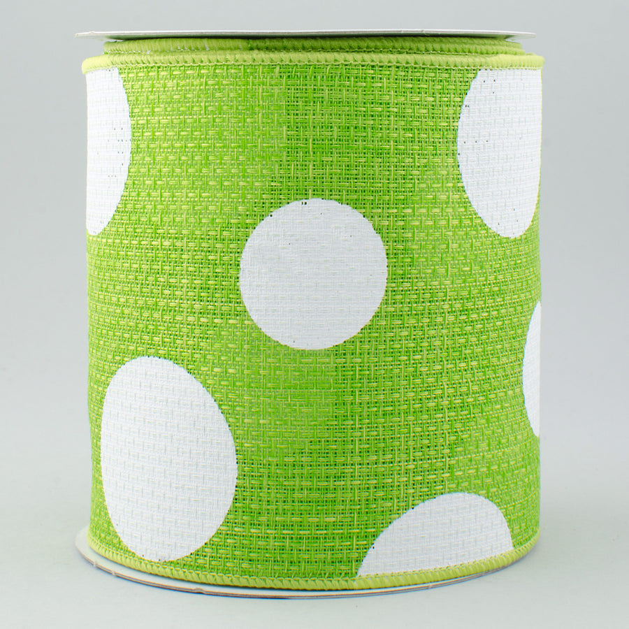 4" Faux Burlap Giant Polka Dot Ribbon: Lime Green & White (10 Yards)