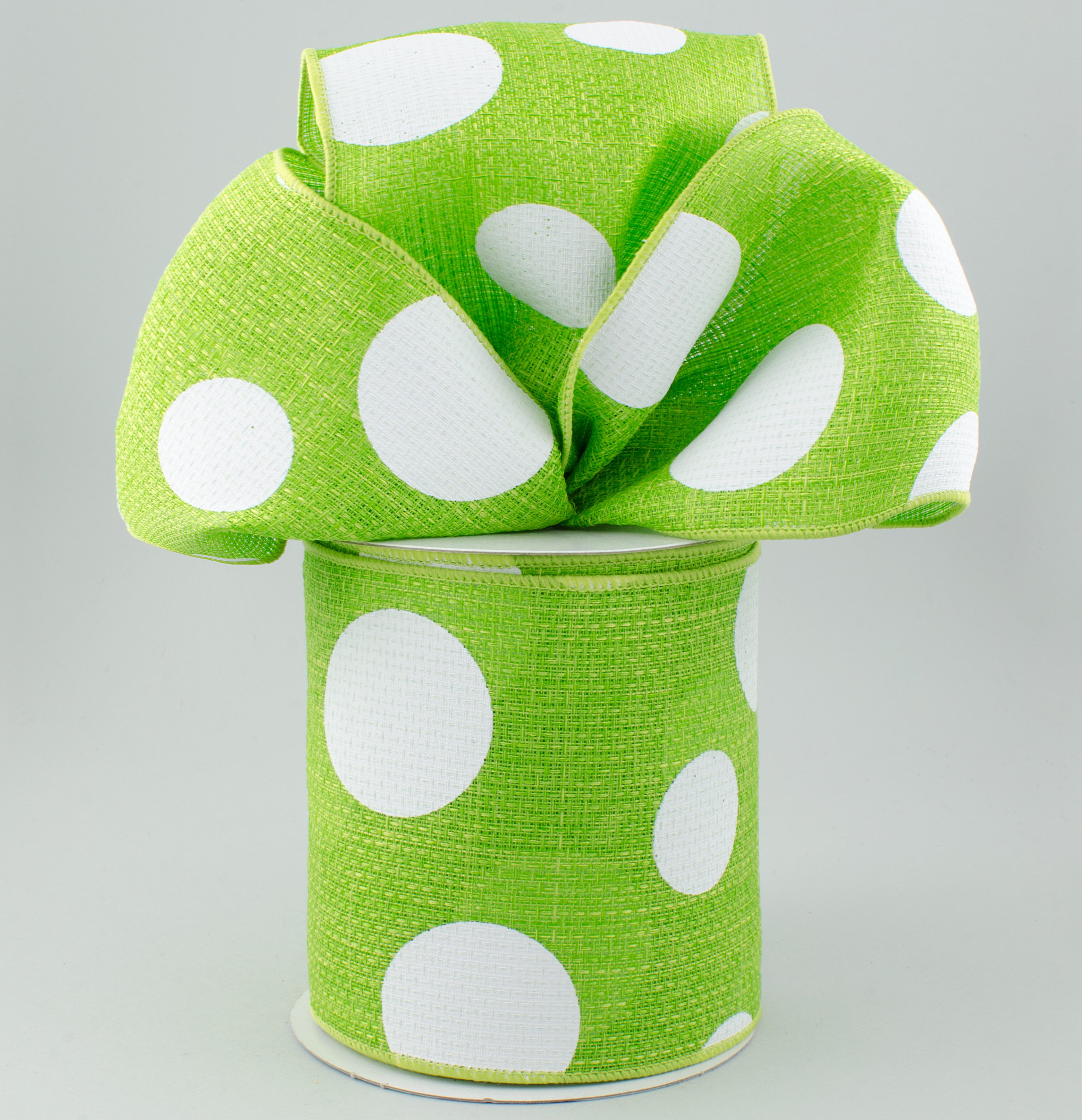 4" Faux Burlap Giant Polka Dot Ribbon: Lime Green & White (10 Yards) Lifestyle Photo