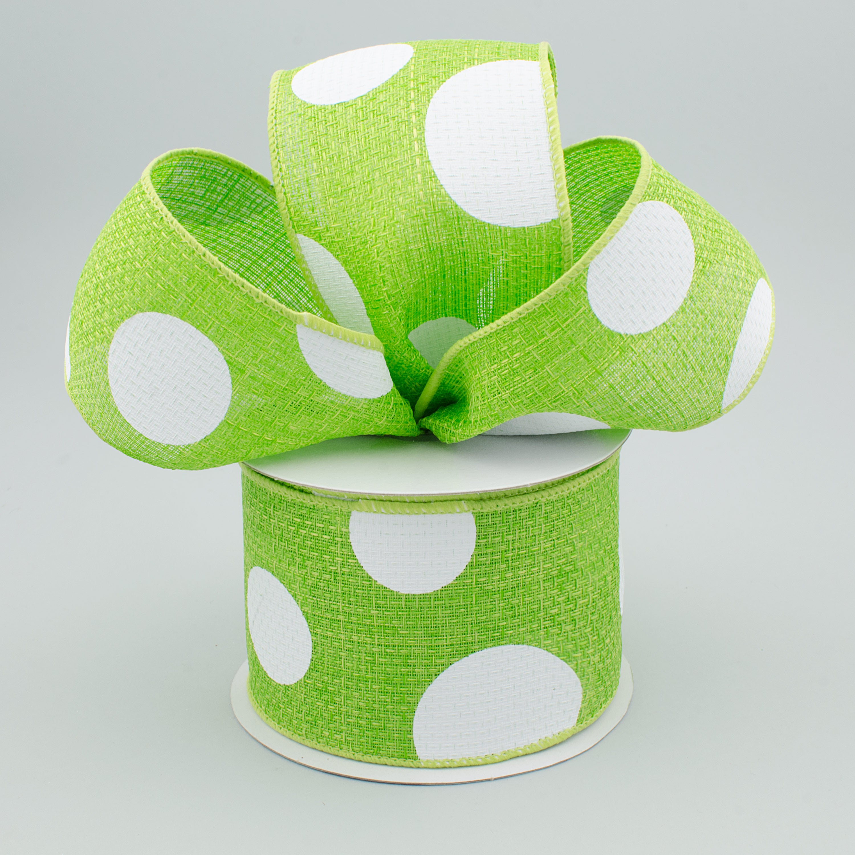 2.5" Faux Burlap Giant Polka Dot Ribbon: Lime Green & White (10 Yards) Lifestyle Photo