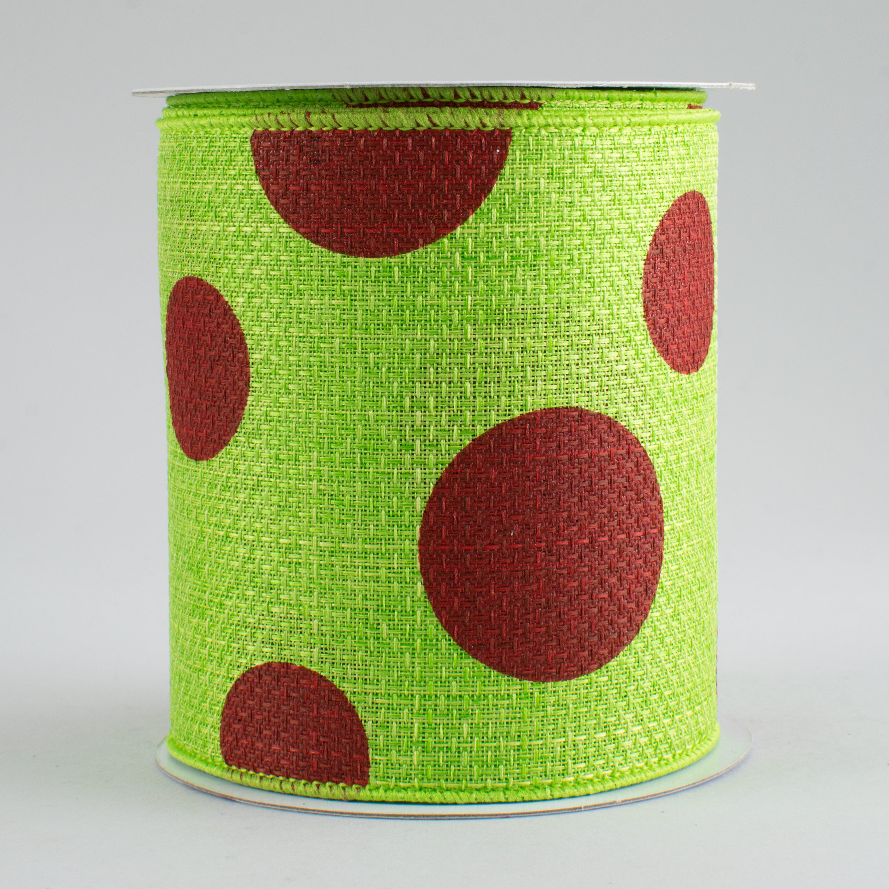4" Faux Burlap Giant Polka Dot Ribbon: Lime with Red (10 Yards)