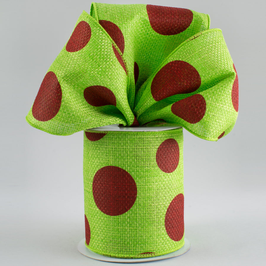 4" Faux Burlap Giant Polka Dot Ribbon: Lime with Red (10 Yards) Lifestyle Photo