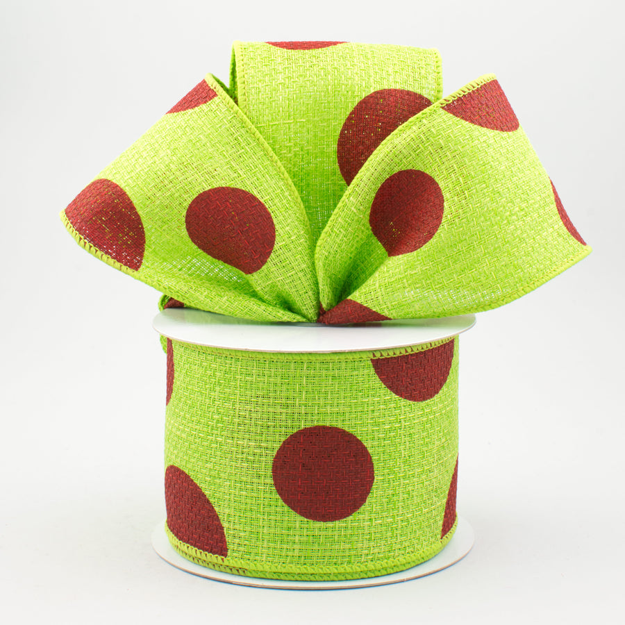2.5" Faux Burlap Giant Polka Dot Ribbon: Lime With Red (10 Yards) Lifestyle Photo