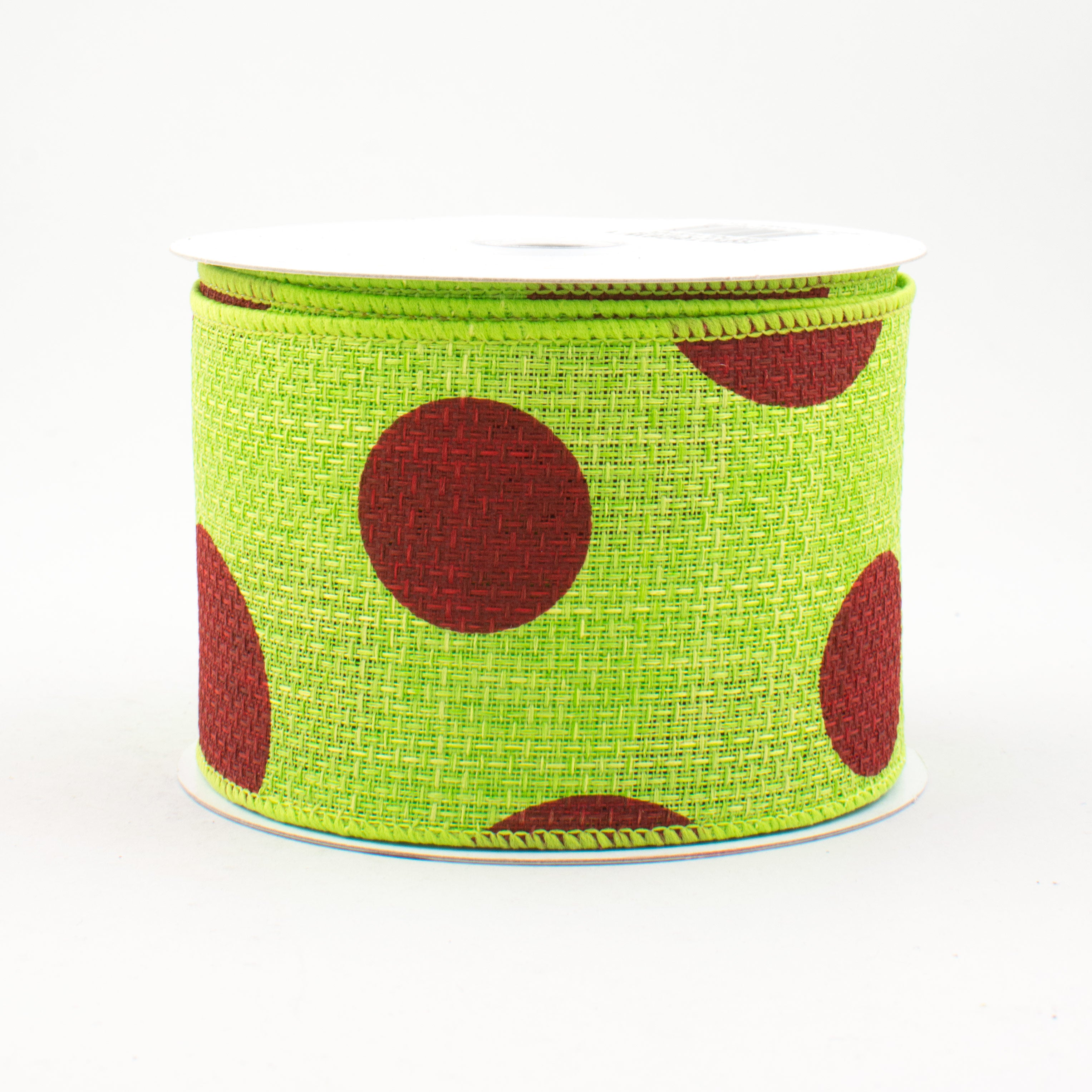 2.5" Faux Burlap Giant Polka Dot Ribbon: Lime With Red (10 Yards)