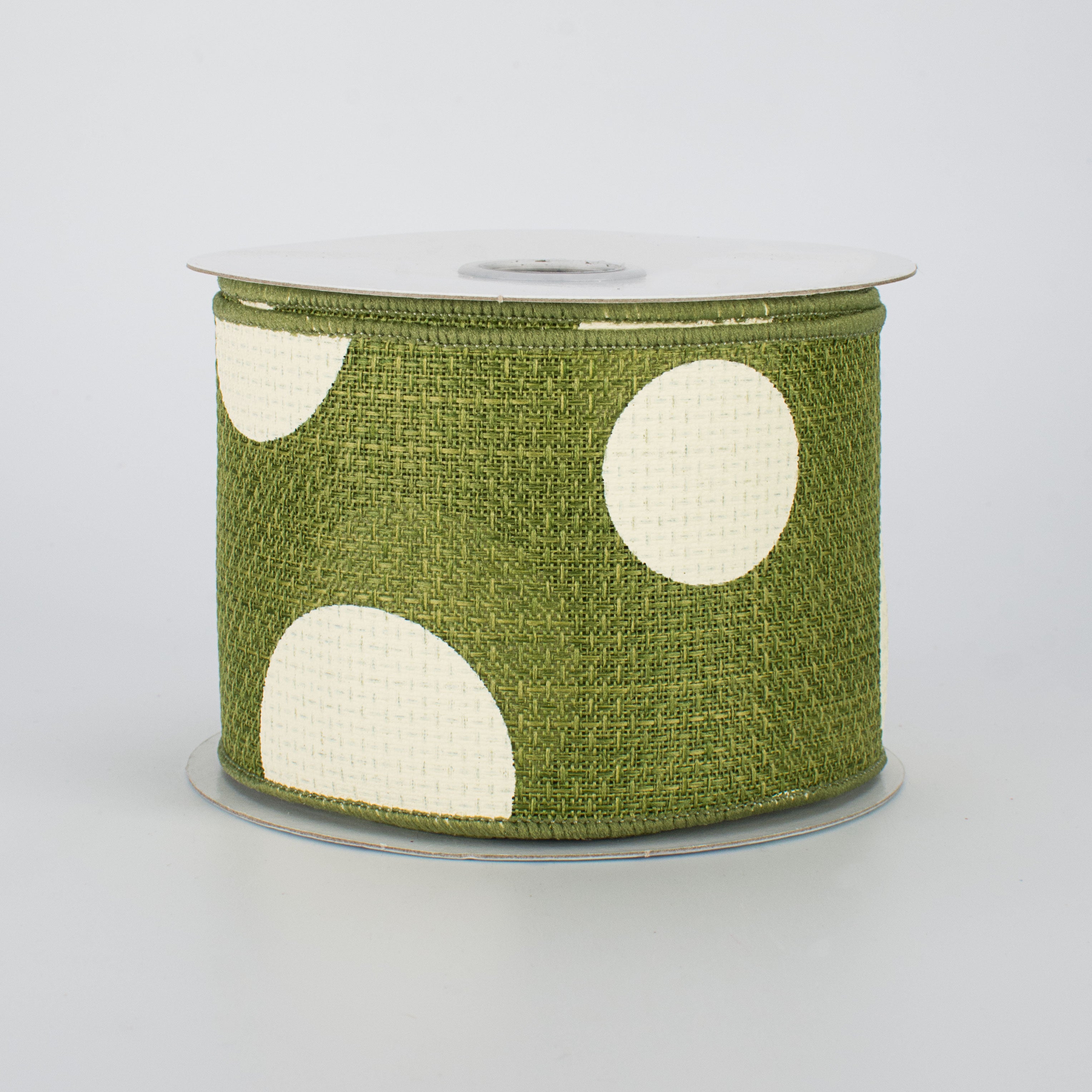 2.5" Faux Burlap Giant Polka Dot Ribbon: Moss Green & Cream (10 Yards)