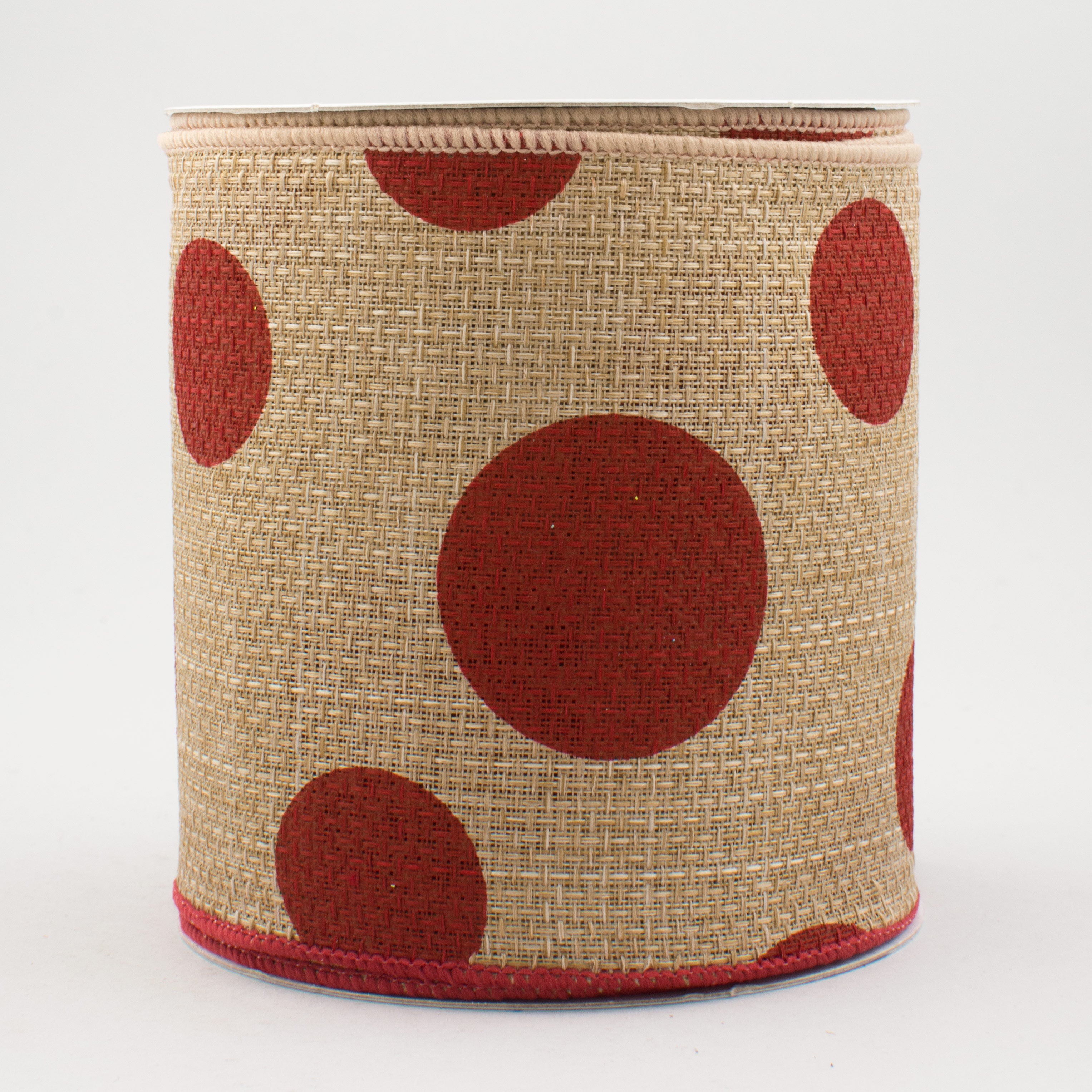 4" Faux Burlap Giant Polka Dot Ribbon: Natural With Red (10 Yards)