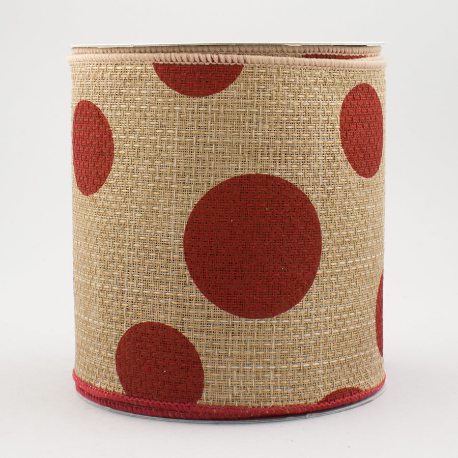 4" Faux Burlap Giant Polka Dot Ribbon: Natural With Red (10 Yards)