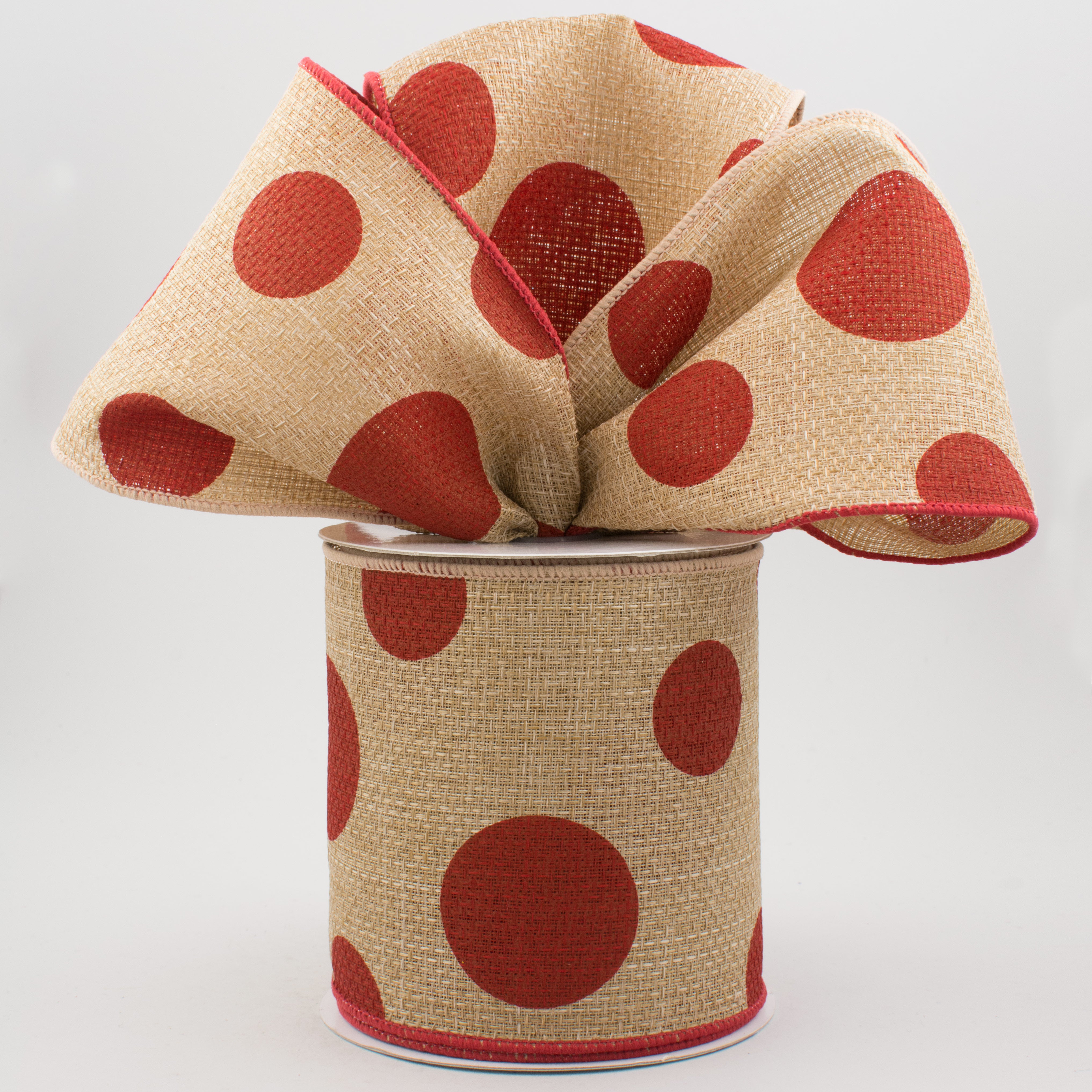 4" Faux Burlap Giant Polka Dot Ribbon: Natural With Red (10 Yards) Lifestyle Photo
