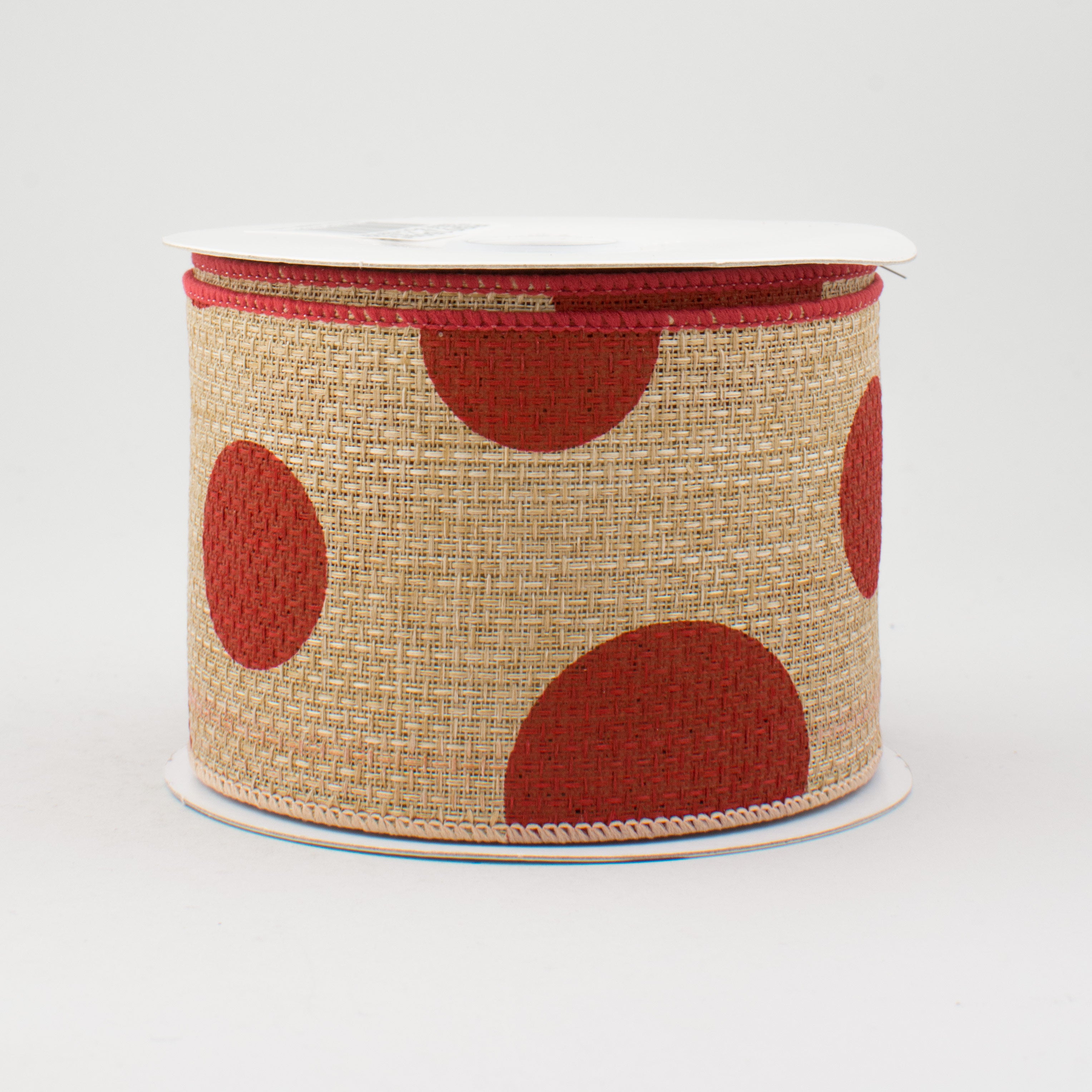 2.5" Faux Burlap Giant Polka Dot Ribbon: Natural with Red (10 Yards)