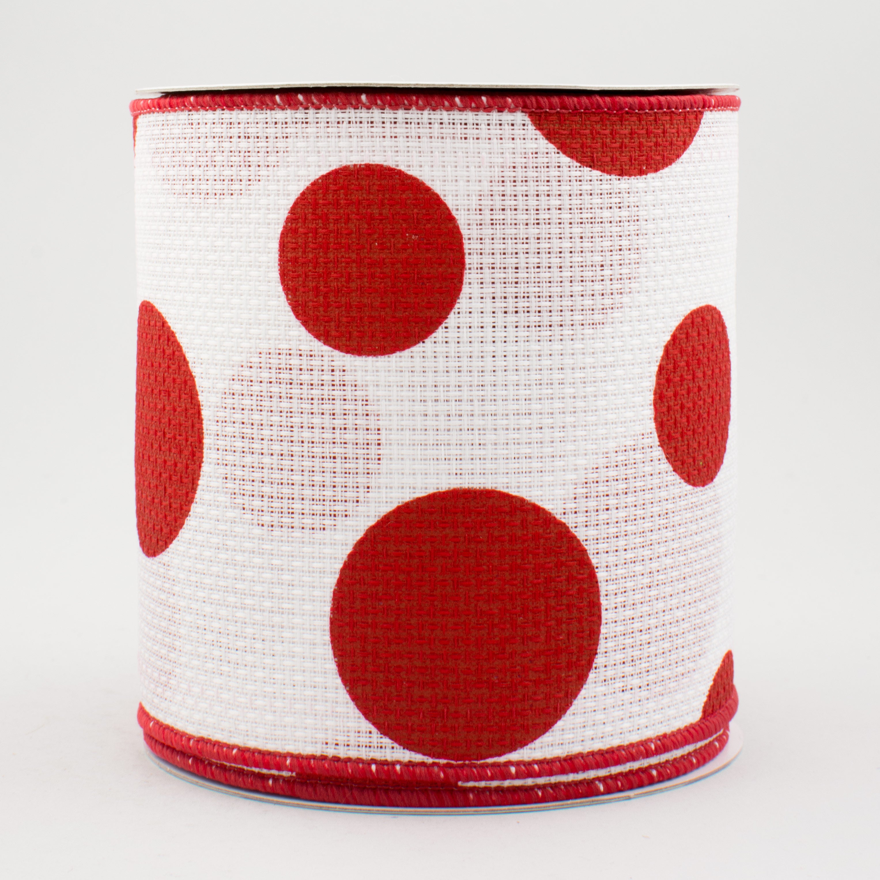 4" Faux Burlap Giant Polka Dot Ribbon: White with Red (10 Yards)