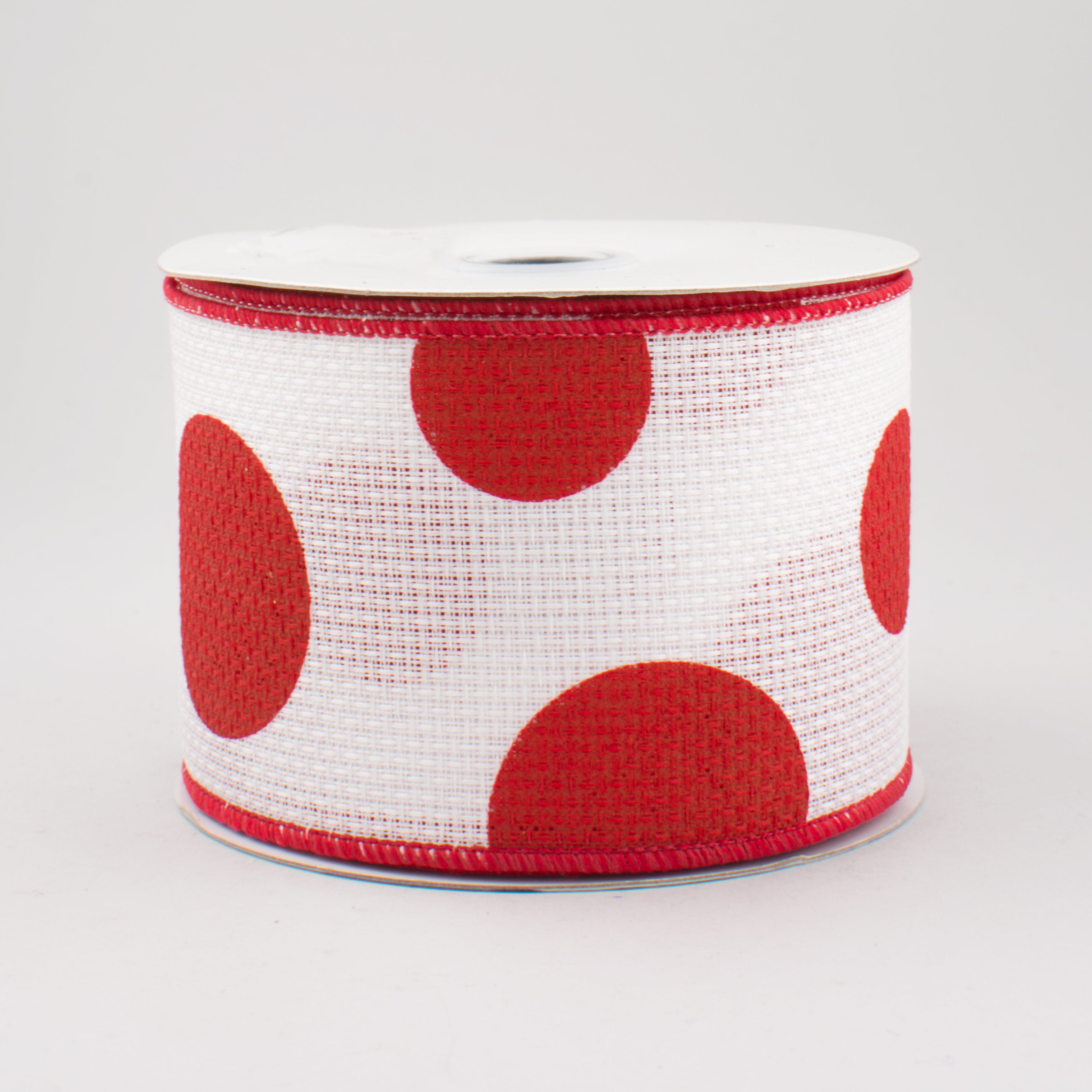 2.5" Faux Burlap Giant Polka Dot Ribbon: White With Red (10 Yards)