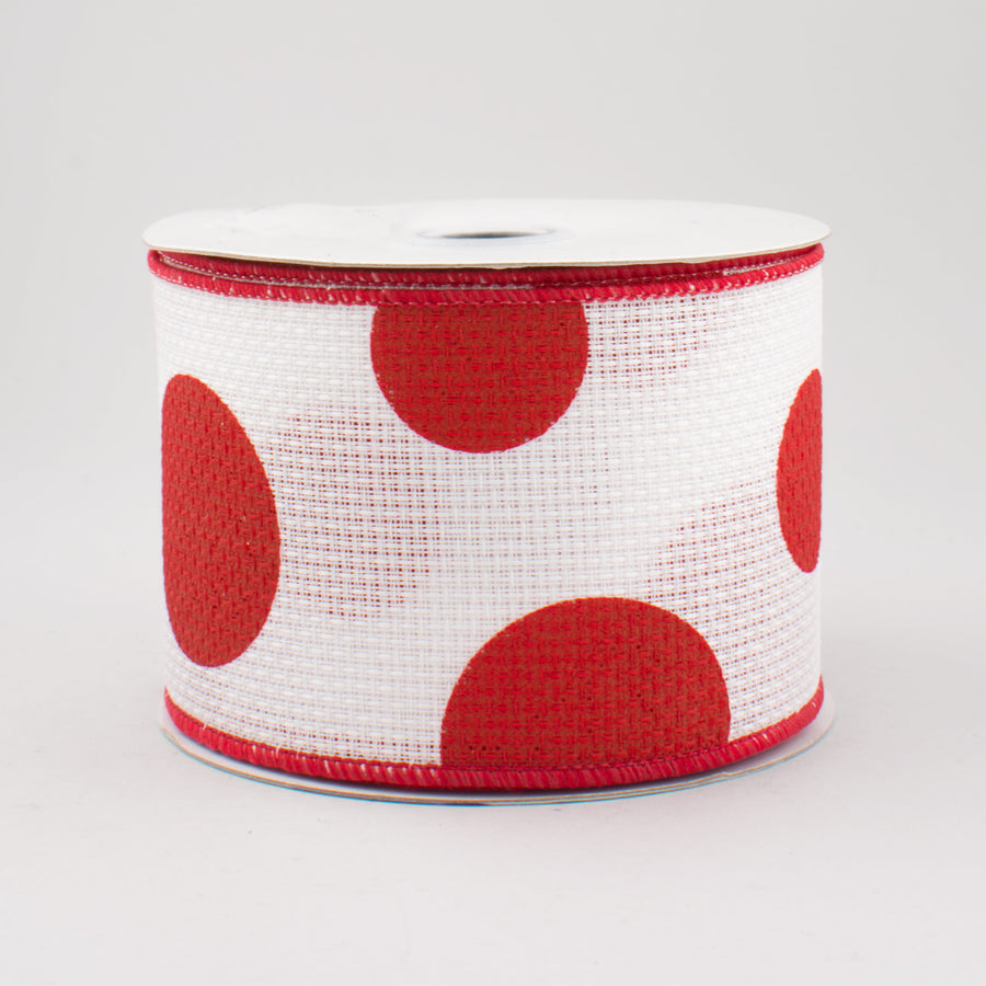 2.5" Faux Burlap Giant Polka Dot Ribbon: White With Red (10 Yards)