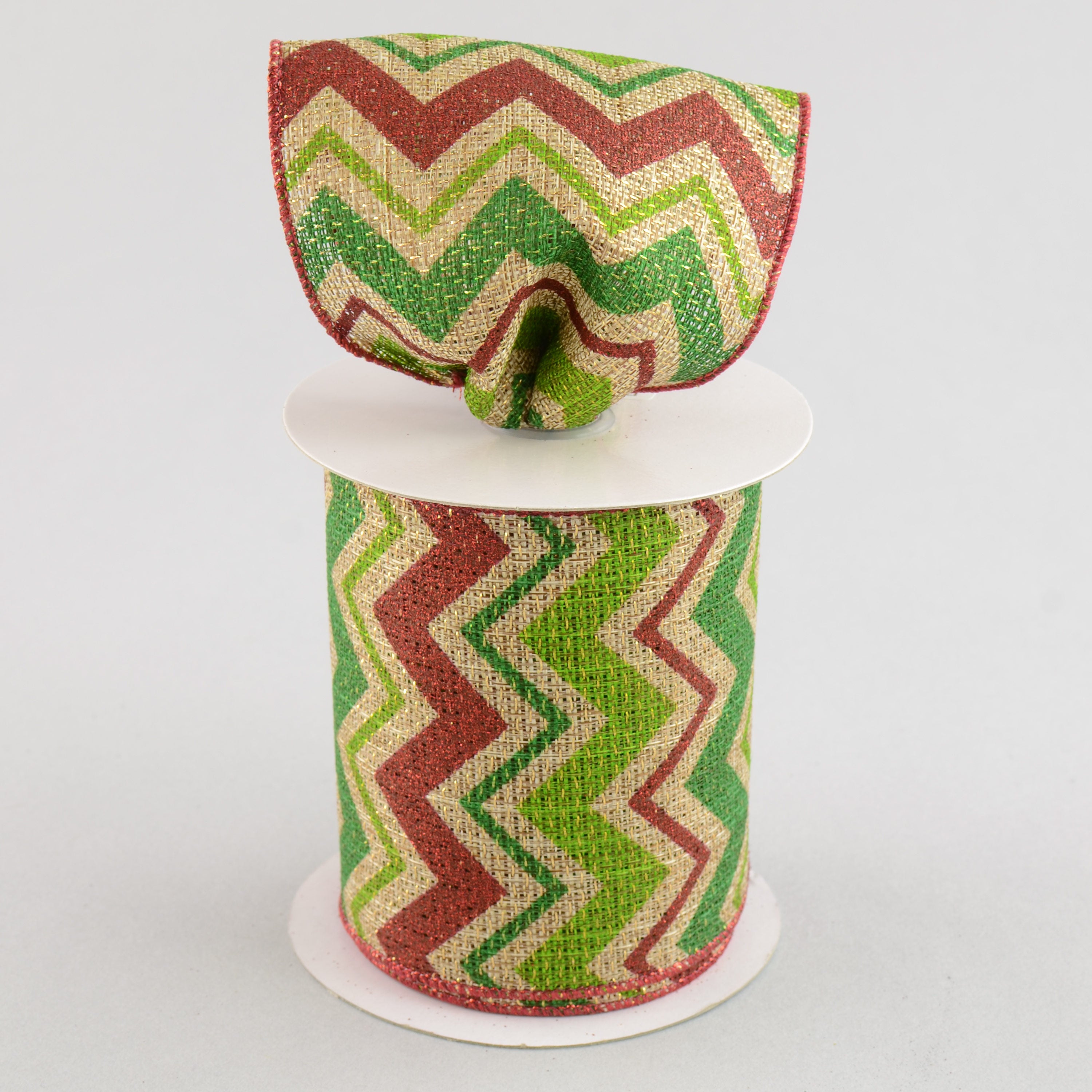4" Faux Burlap Metallic Holiday Chevron Ribbon: Red, Lime & Green (10 Yards) Lifestyle Photo