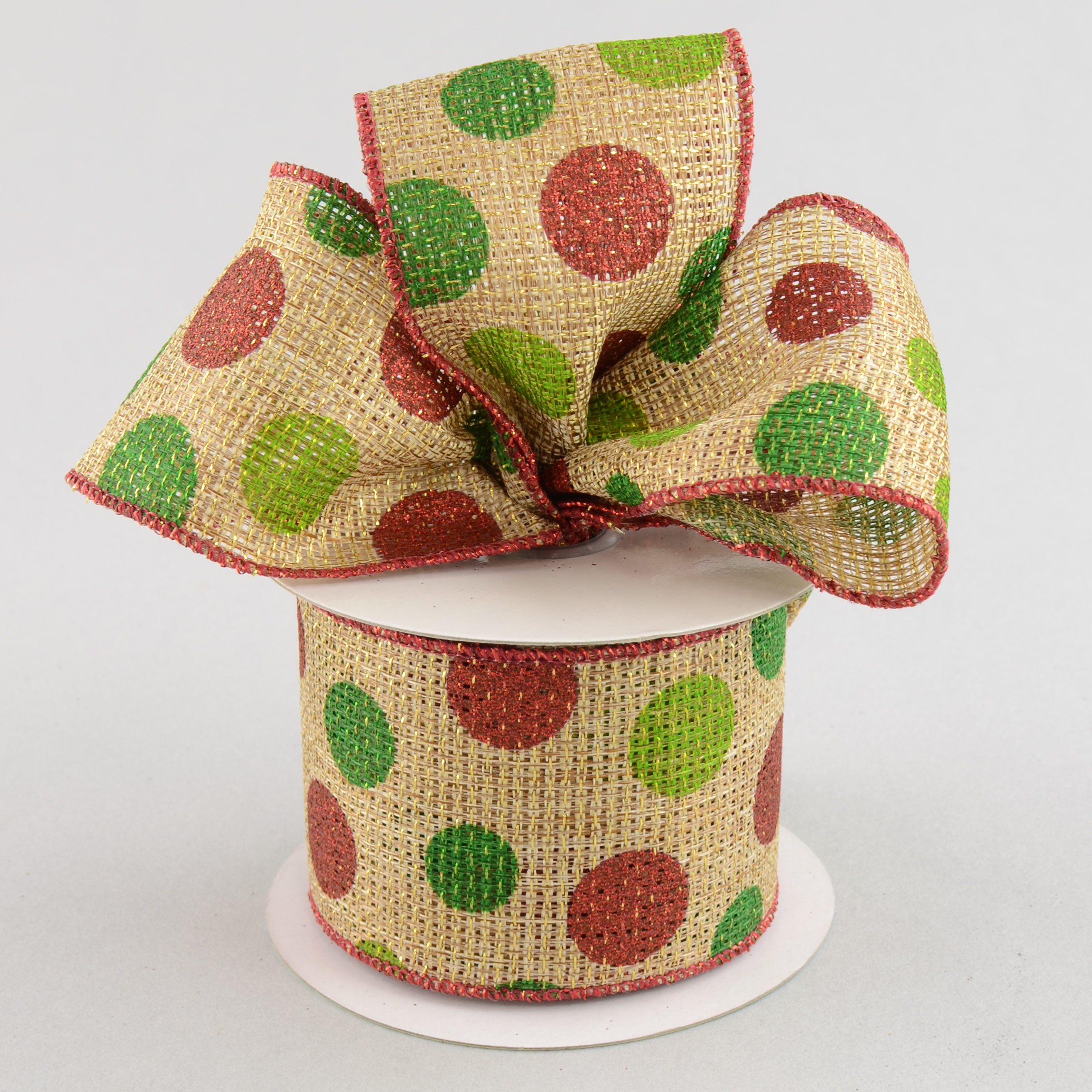 2.5" Faux Burlap Metallic Holiday Polka Dot Ribbon: Red, Lime & Green (10 Yards) Lifestyle Photo
