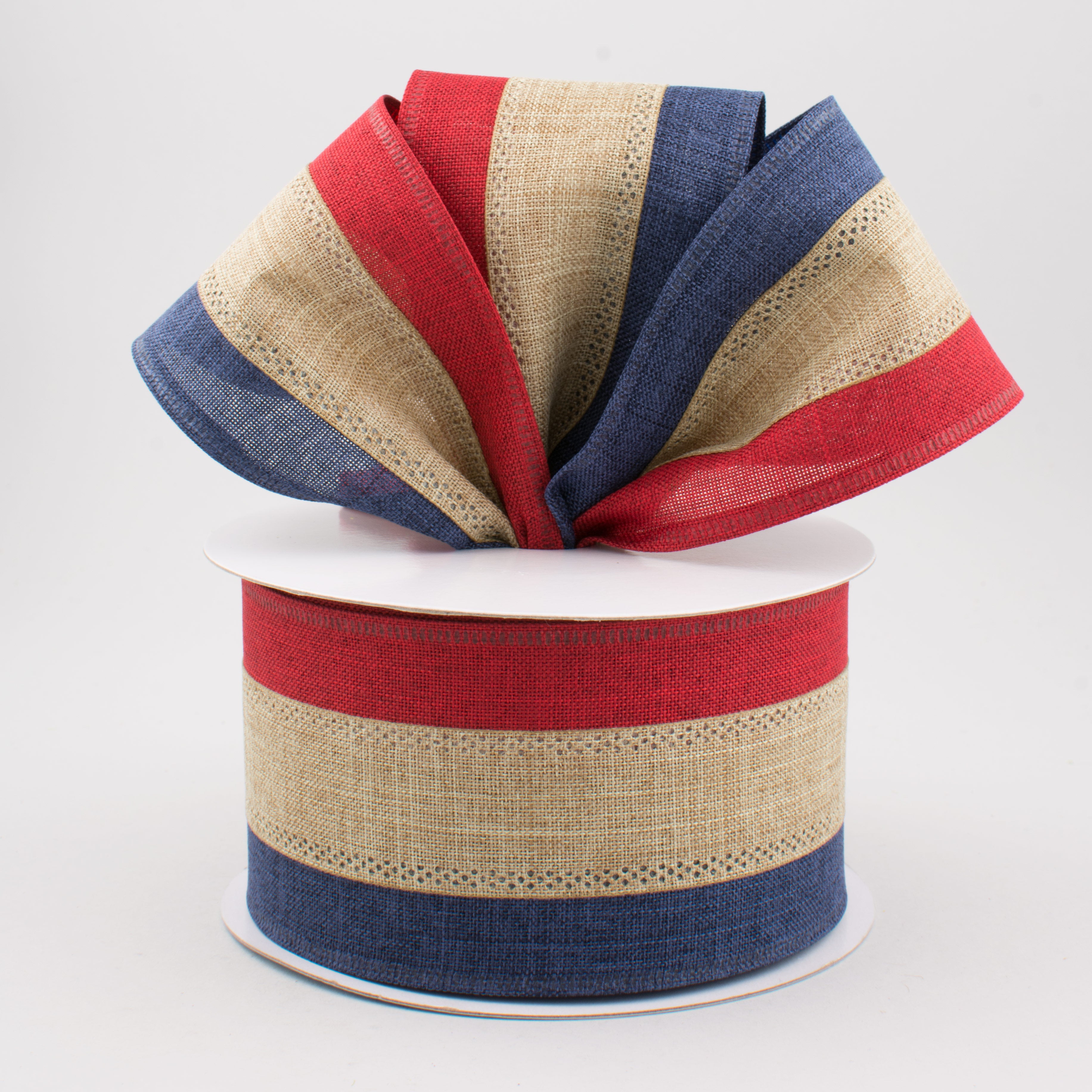 2.5" Faux Burlap Patriotic Striped Ribbon: Burgundy, Beige, Navy (10 Yards) Lifestyle Photo