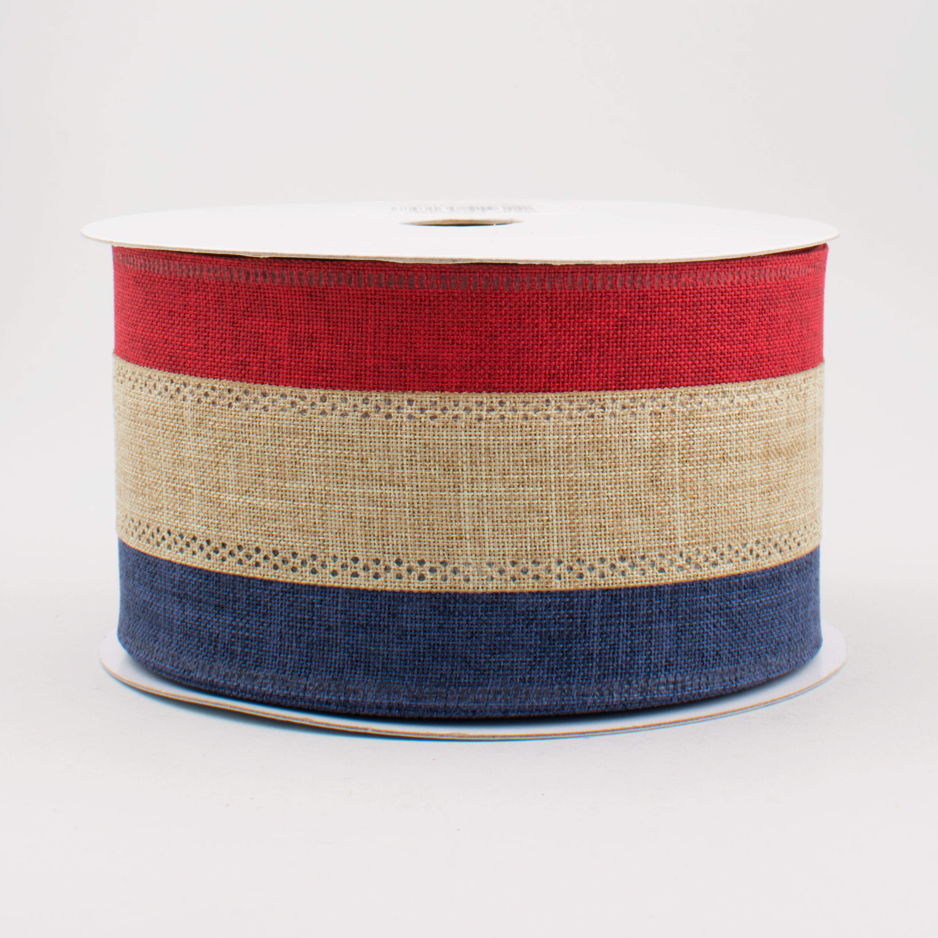 2.5" Faux Burlap Patriotic Striped Ribbon: Burgundy, Beige, Navy (10 Yards)