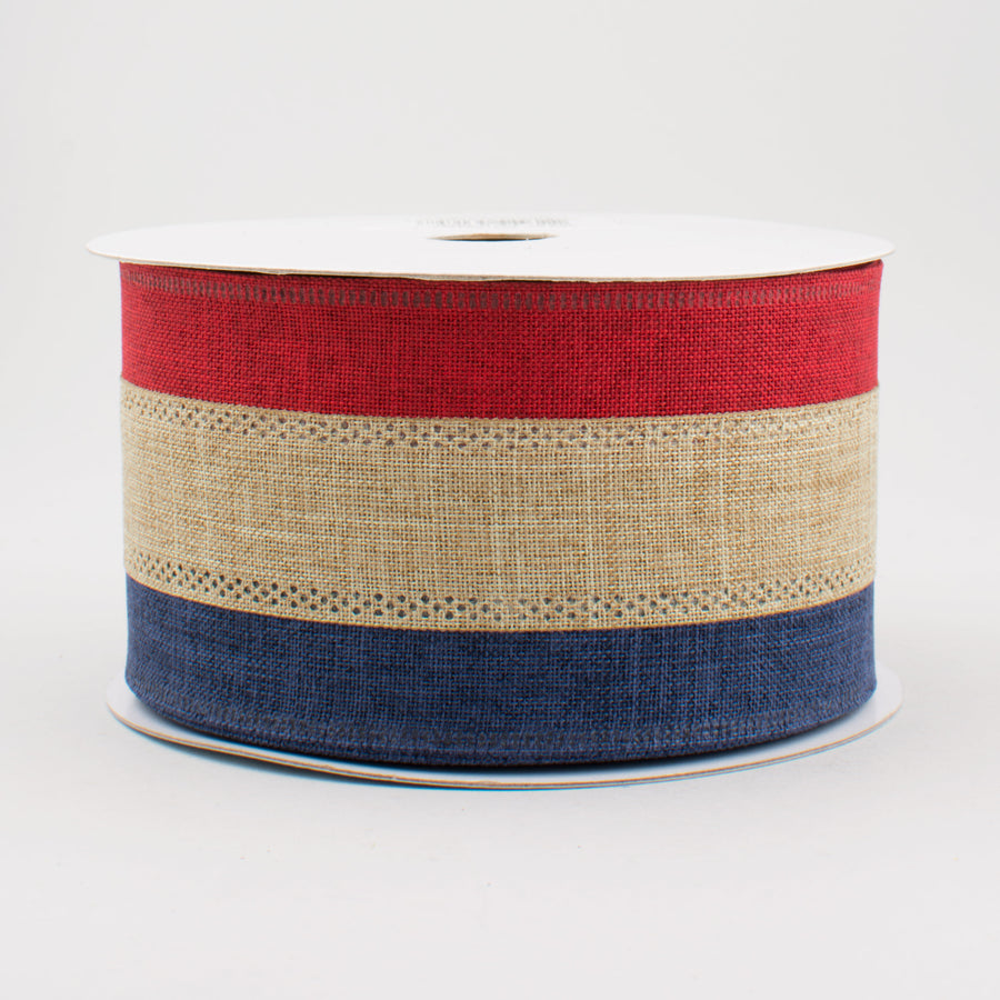 2.5" Faux Burlap Patriotic Striped Ribbon: Burgundy, Beige, Navy (10 Yards)