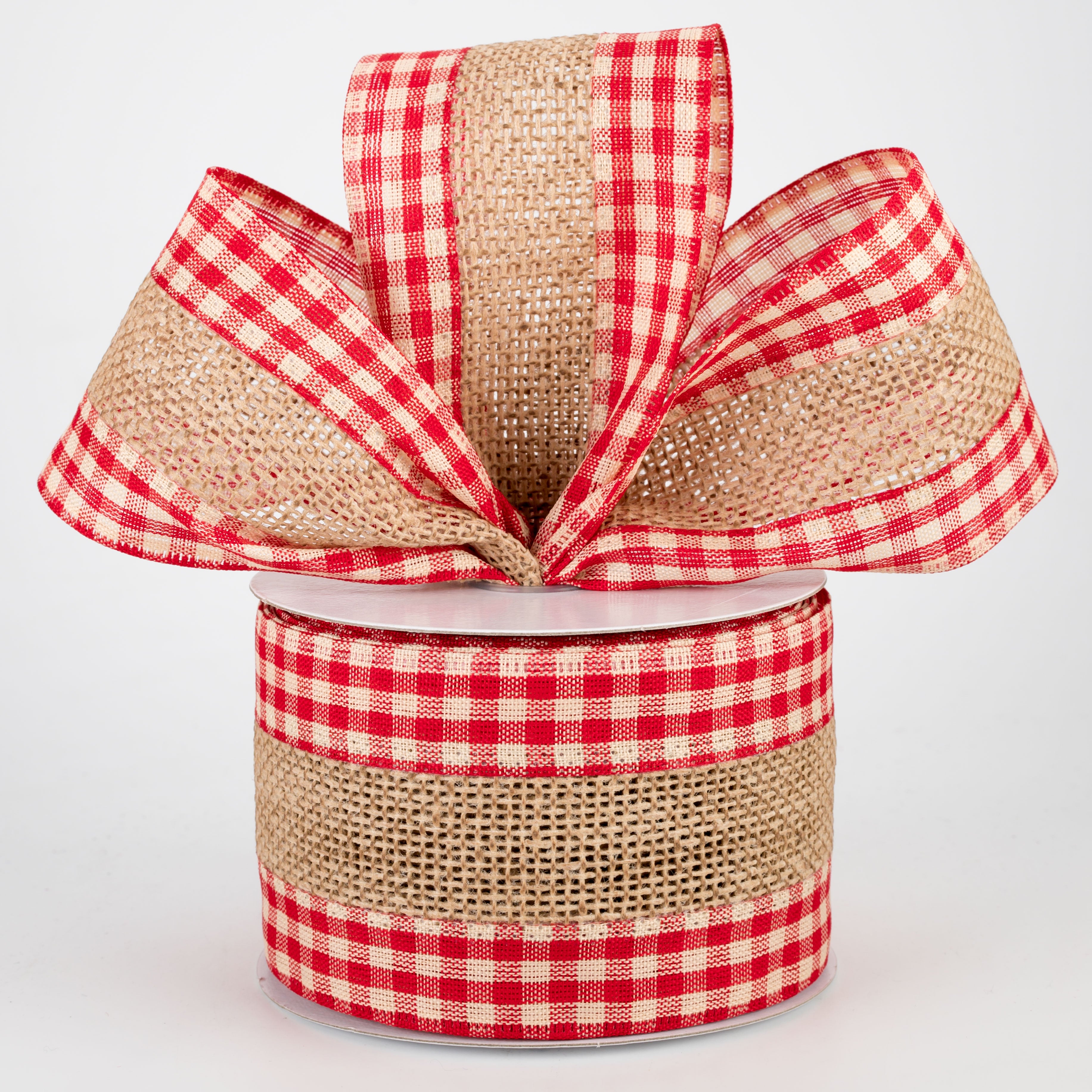 2.5" Faux Burlap Red Check Edge Ribbon: Natural (10 Yards) Lifestyle Photo