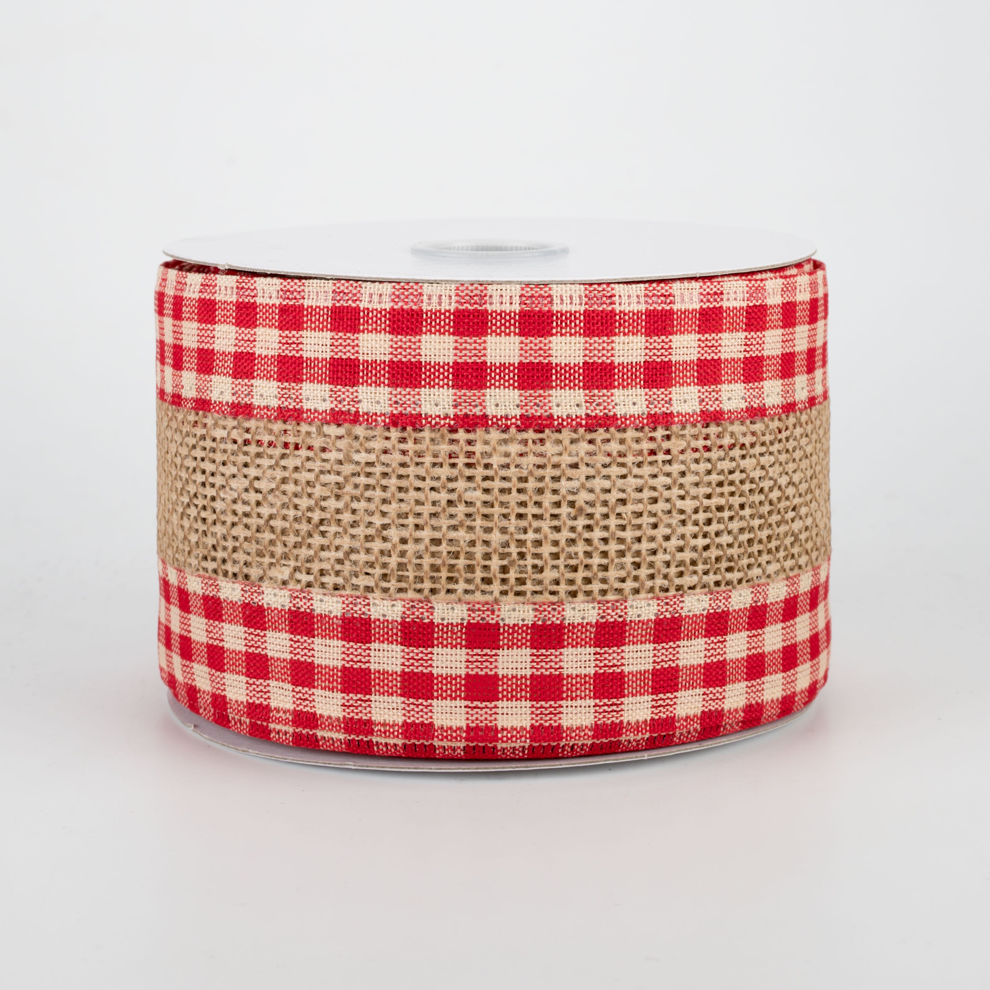 2.5" Faux Burlap Red Check Edge Ribbon: Natural (10 Yards)