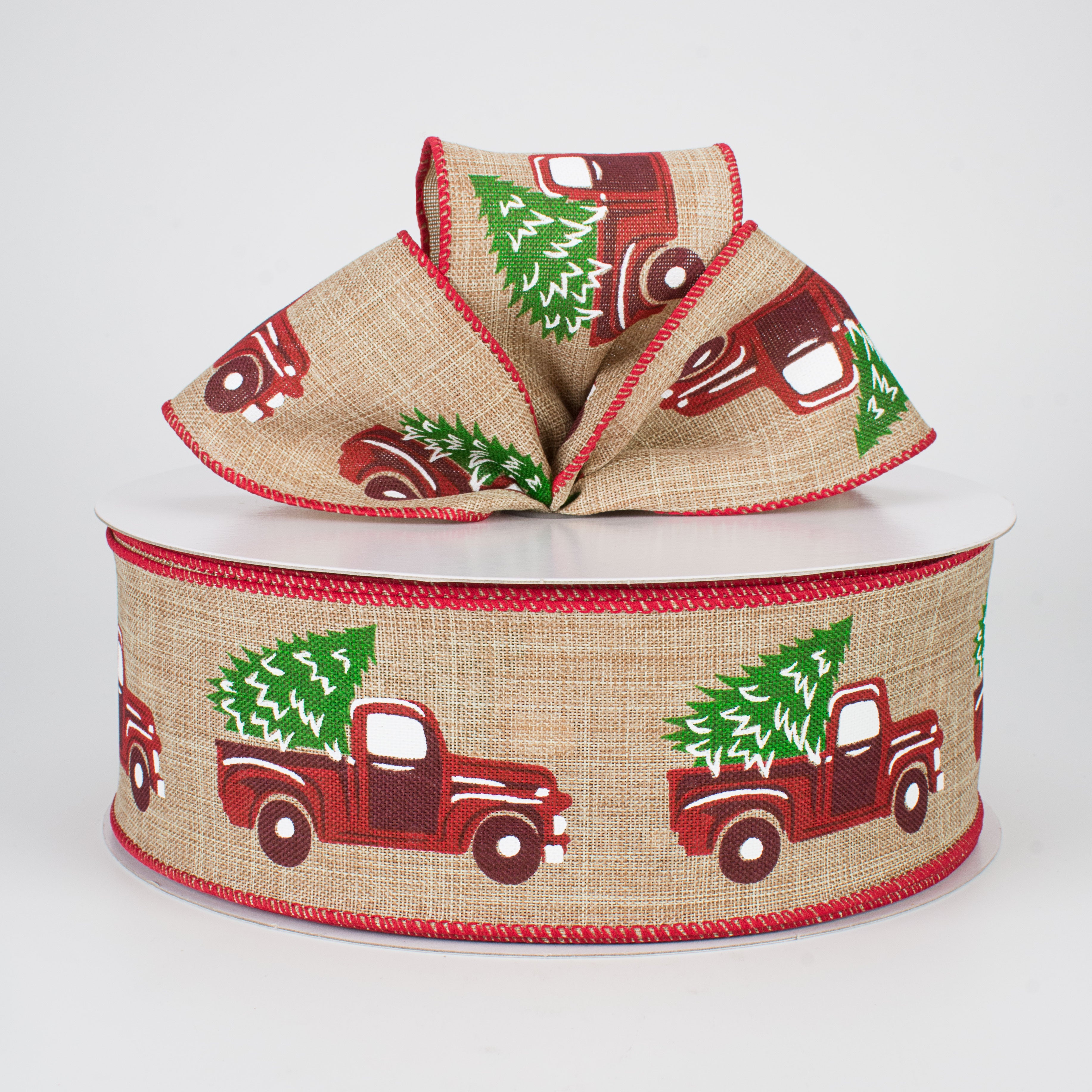 2.5" Faux Burlap Red Christmas Truck Ribbon (50 Yards) Lifestyle Photo