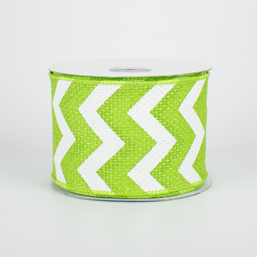 2.5" Faux Burlap Wide Chevron Ribbon: Lime Green & White (10 Yards)