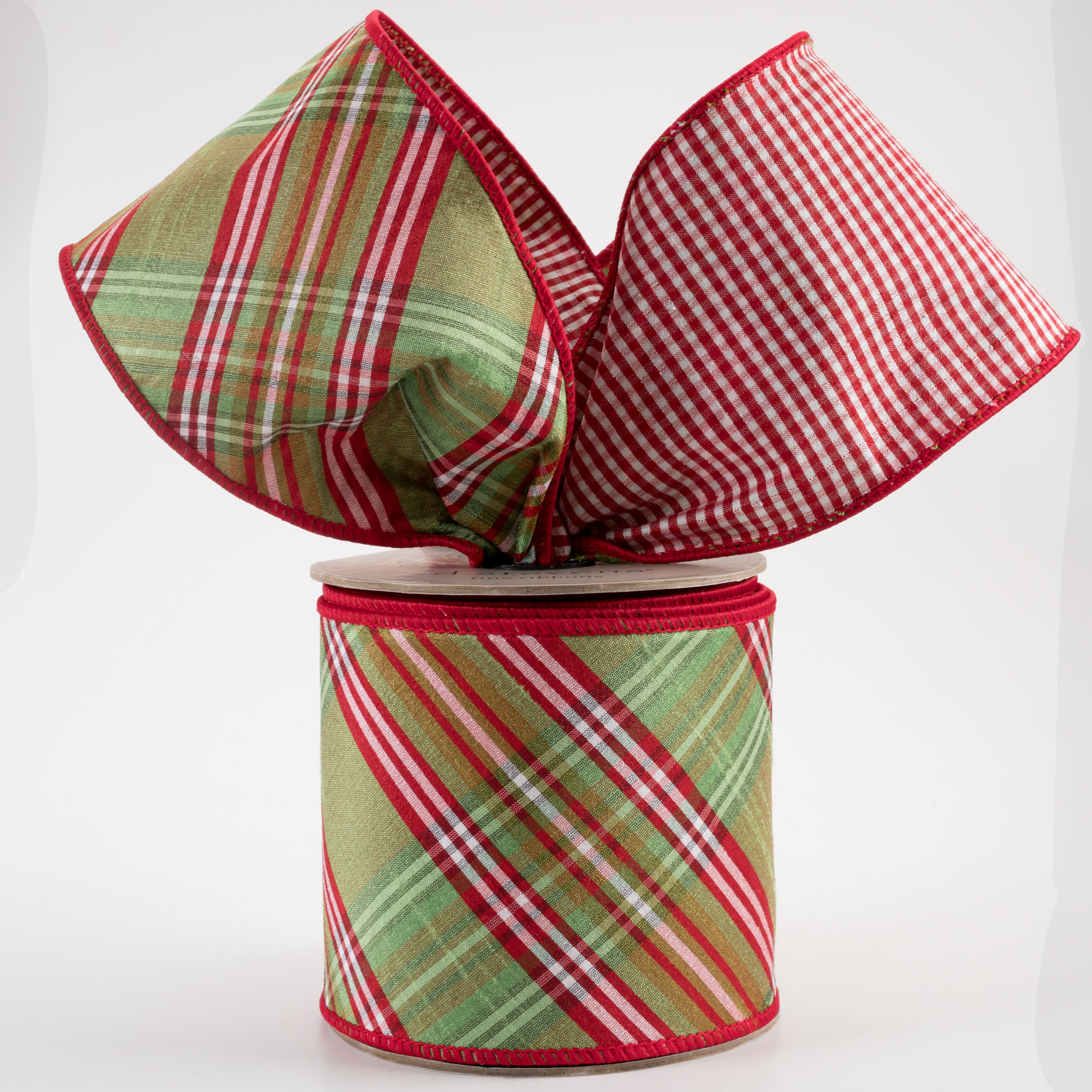 [D Stevens] 4" Faux Dupioni North Pole Diagonal Plaid & Red Check Ribbon: Green & Red (10 Yards) Lifestyle Photo
