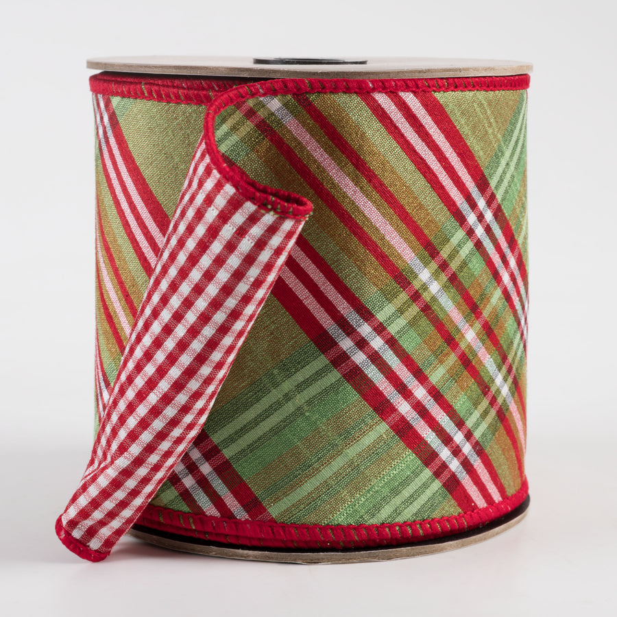 [D Stevens] 4" Faux Dupioni North Pole Diagonal Plaid & Red Check Ribbon: Green & Red (10 Yards) Item Number: 07-2478