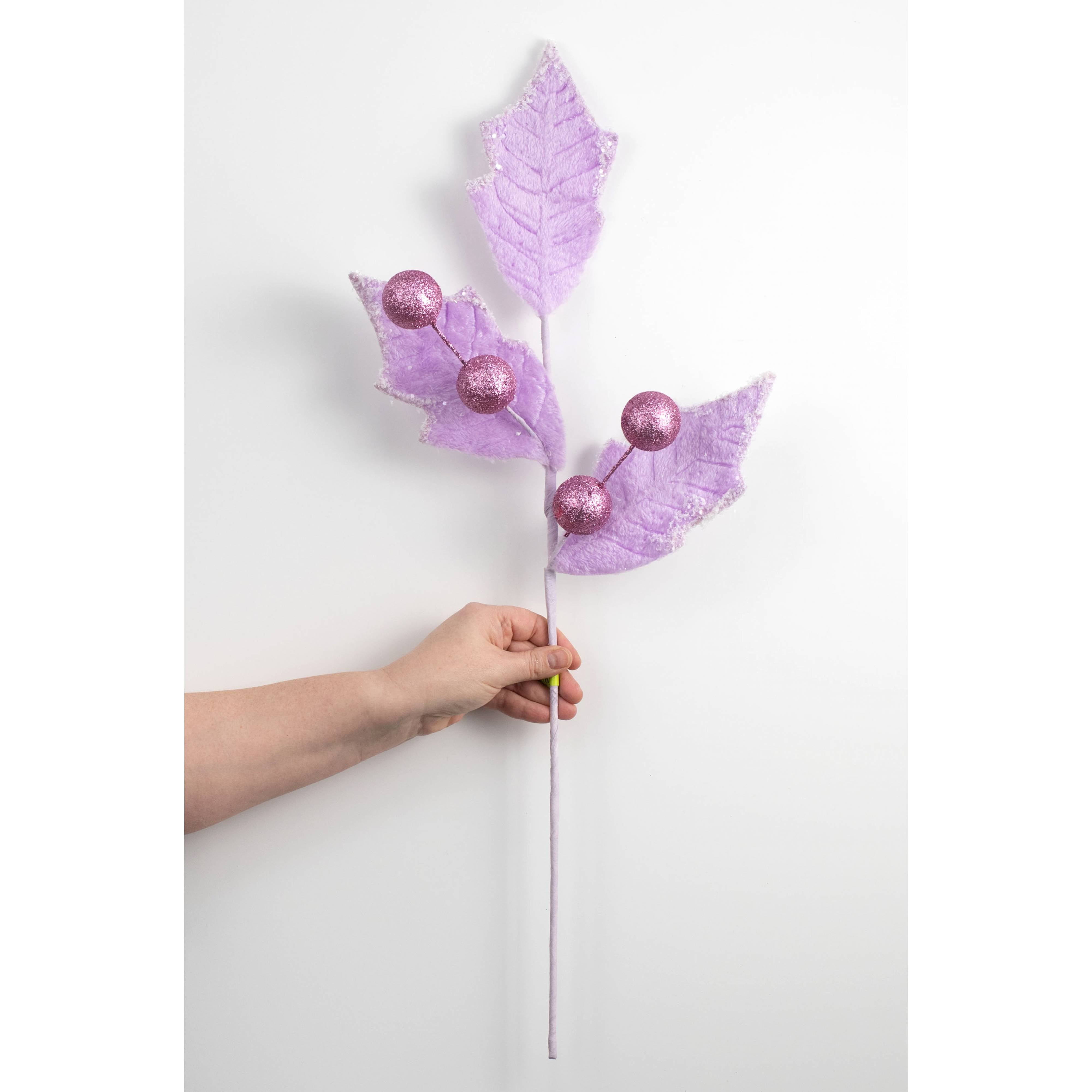 28" Faux Fur Holly Leaves & Balls Spray: Lavender Purple detail photo 3