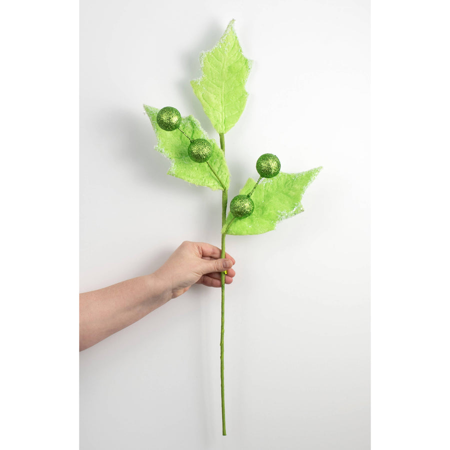28" Faux Fur Holly Leaves & Balls Spray: Lime Green detail photo 3