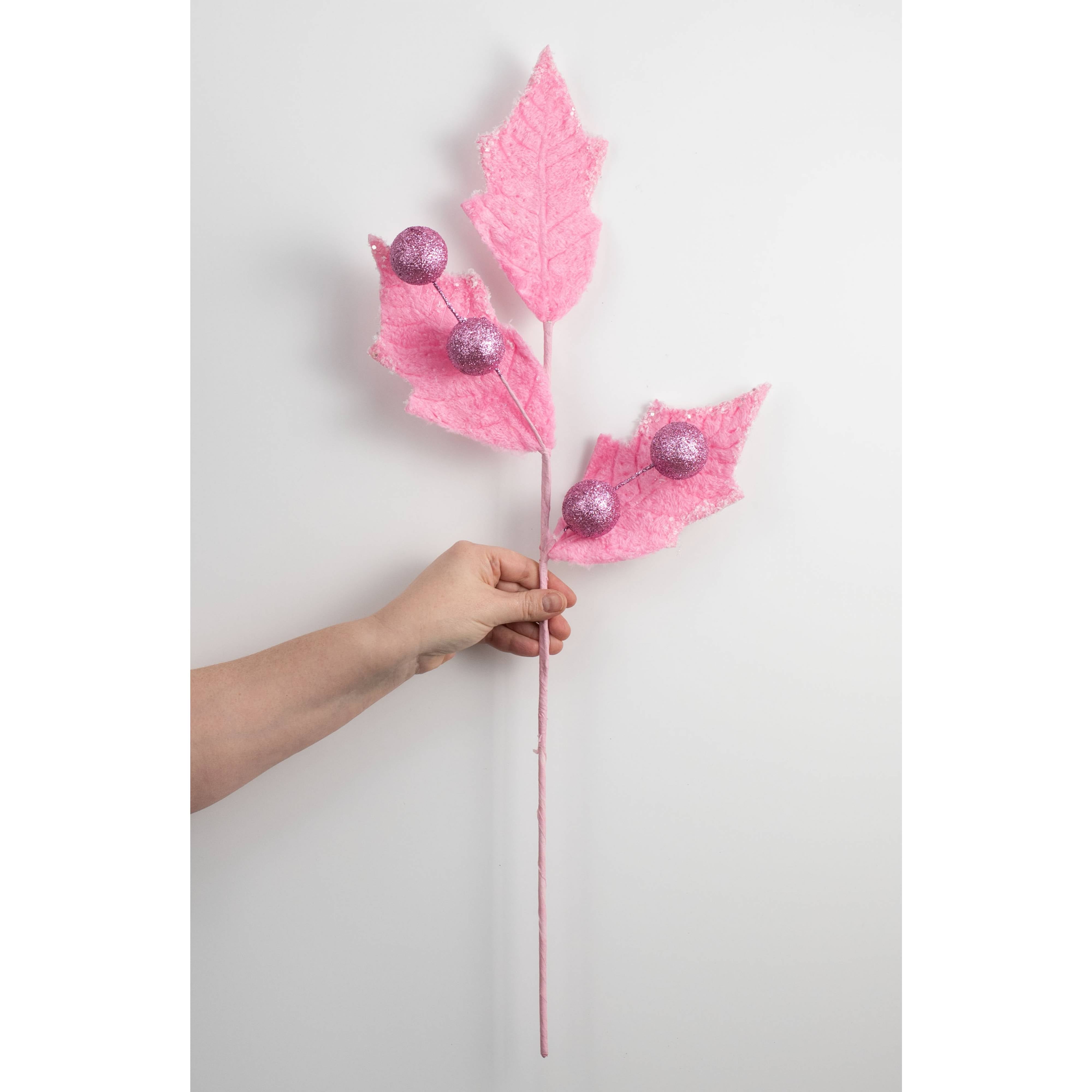 28" Faux Fur Holly Leaves & Balls Spray: Pink detail photo 3