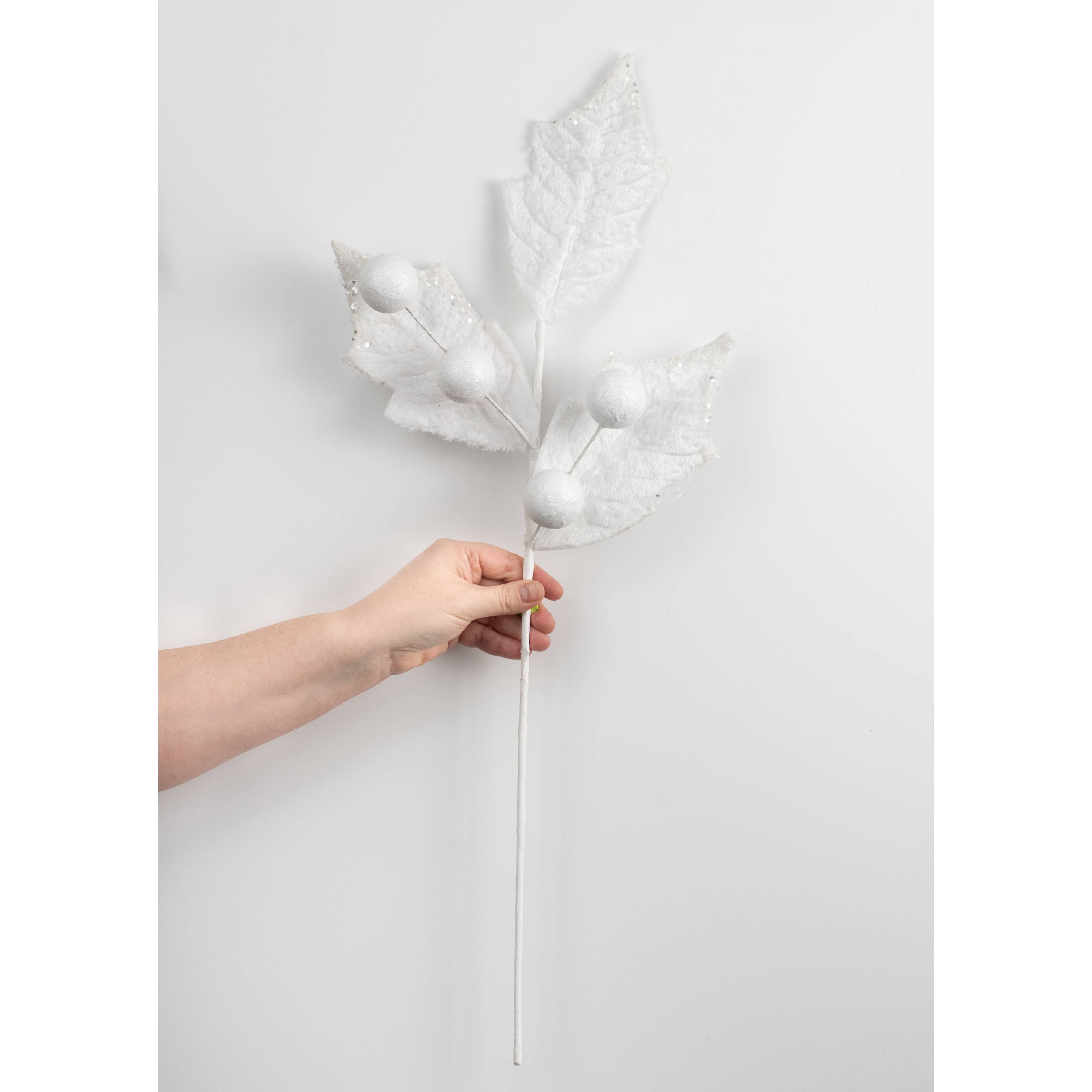 28" Faux Fur Holly Leaves & Balls Spray: White detail photo 3