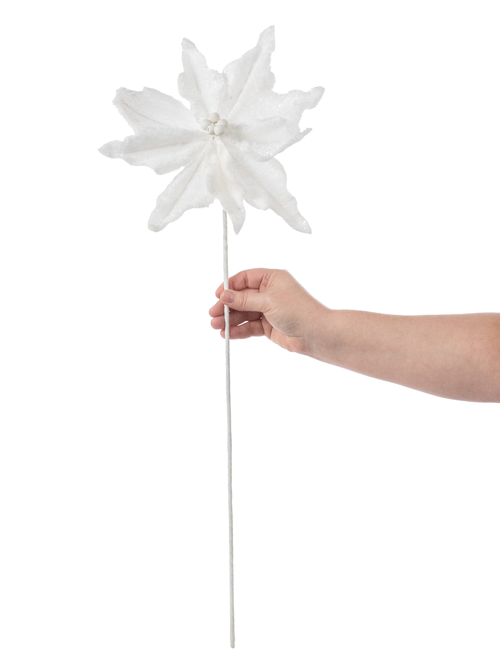 28" Faux Fur Poinsettia Pick: White detail photo 3