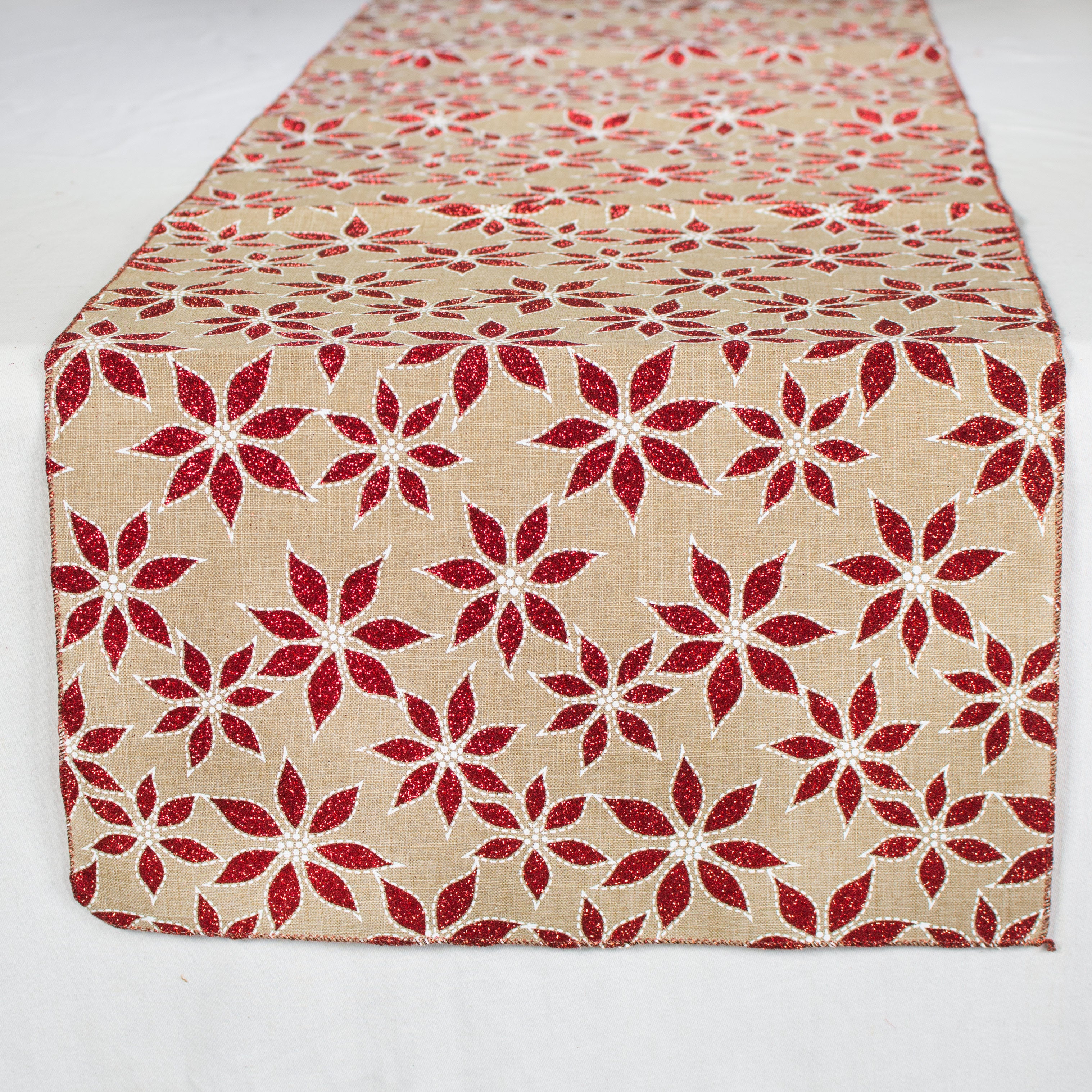 72" Faux Jute Table Runner: Metallic Red Poinsettias Item Number: TD17-R453
