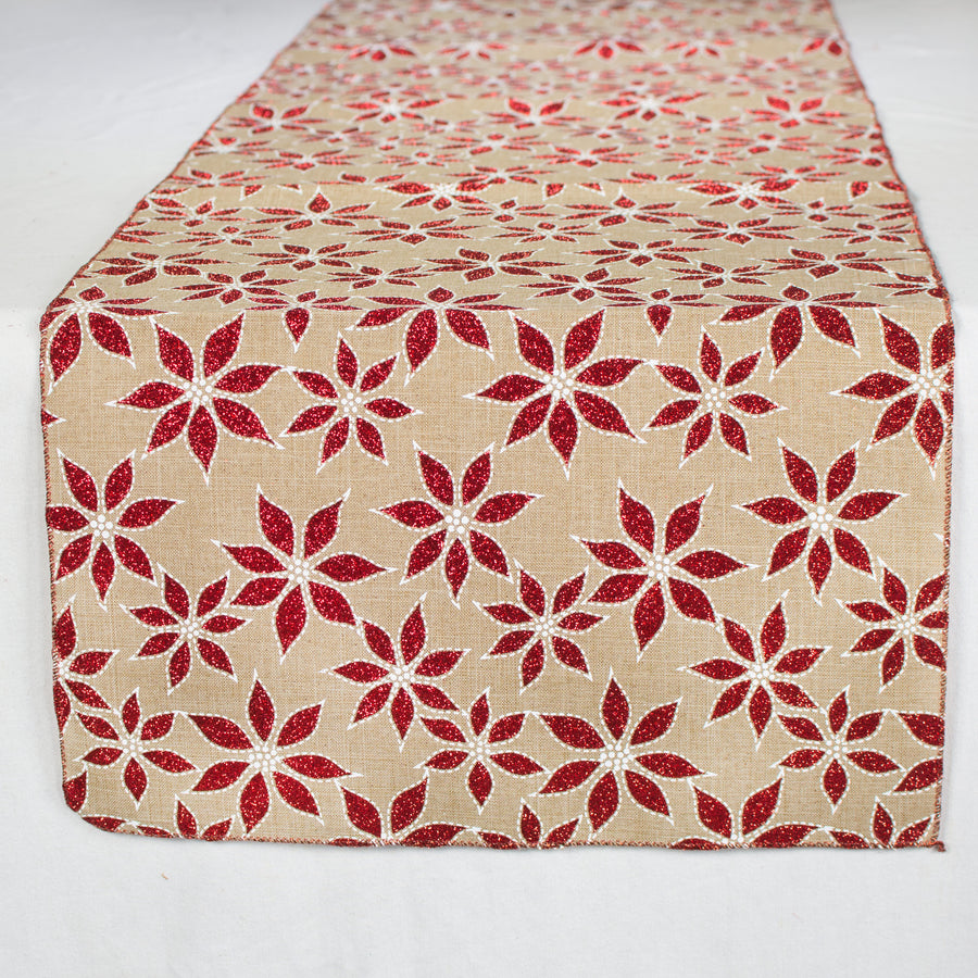 72" Faux Jute Table Runner: Metallic Red Poinsettias Item Number: TD17-R453