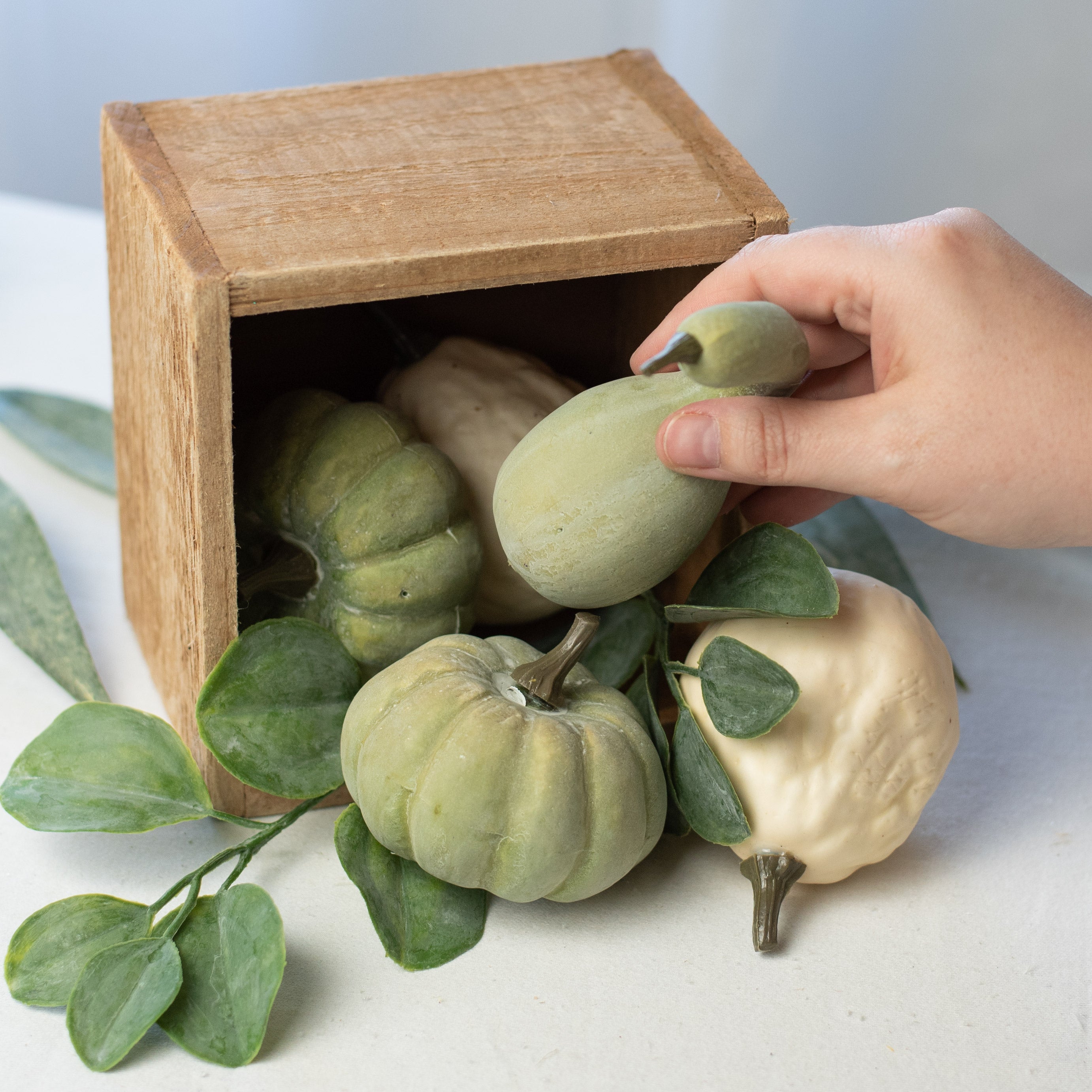 Faux Pumpkin Assortment: Sage Green & Cream (Set of 5) Lifestyle Photo