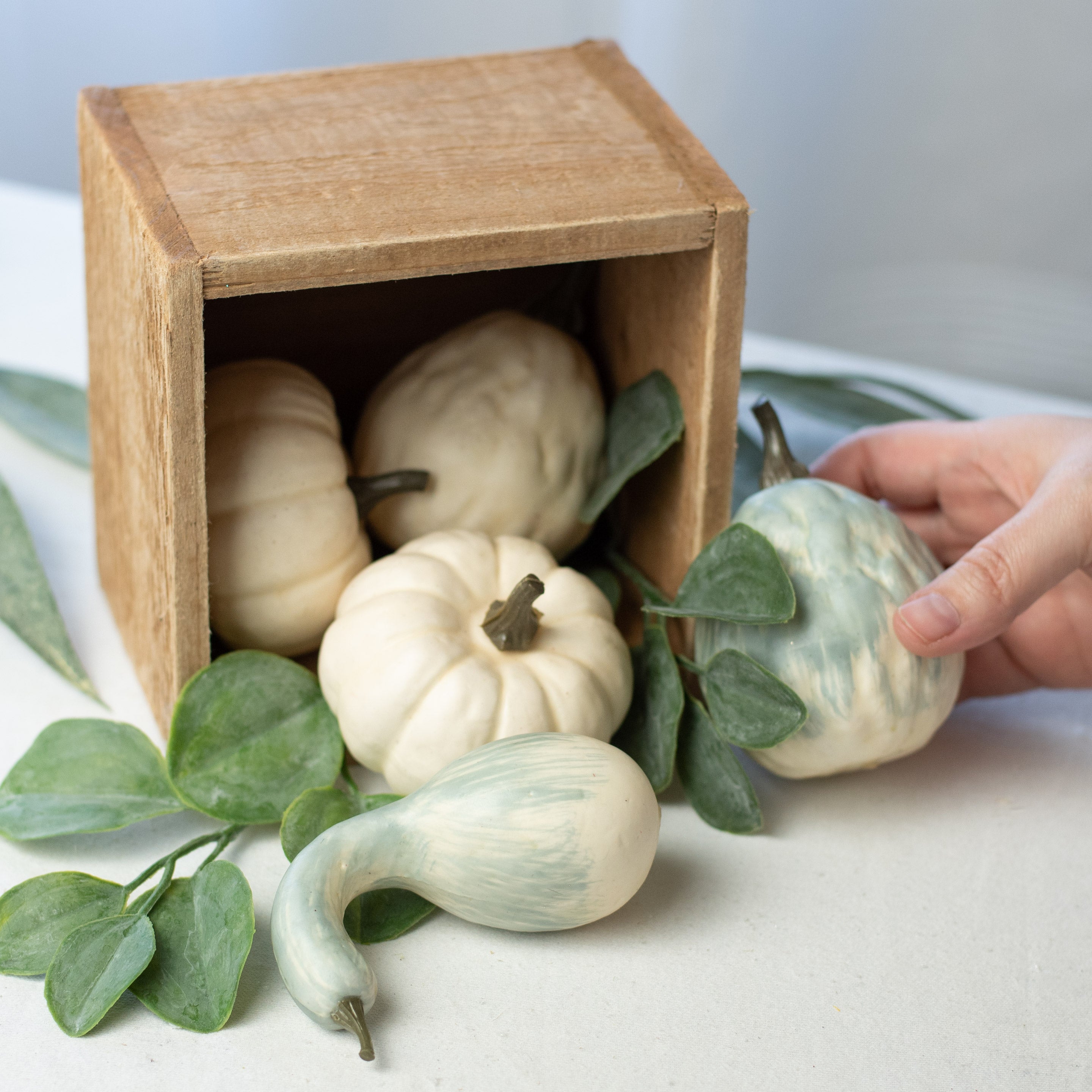 Faux Pumpkin Assortment: Teal & Cream (Set of 5) Lifestyle Photo