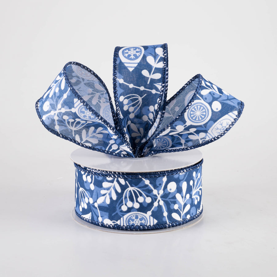 1.5" Overlay Leaves Ornaments Ribbon: Navy, Blue & White (10 Yards)