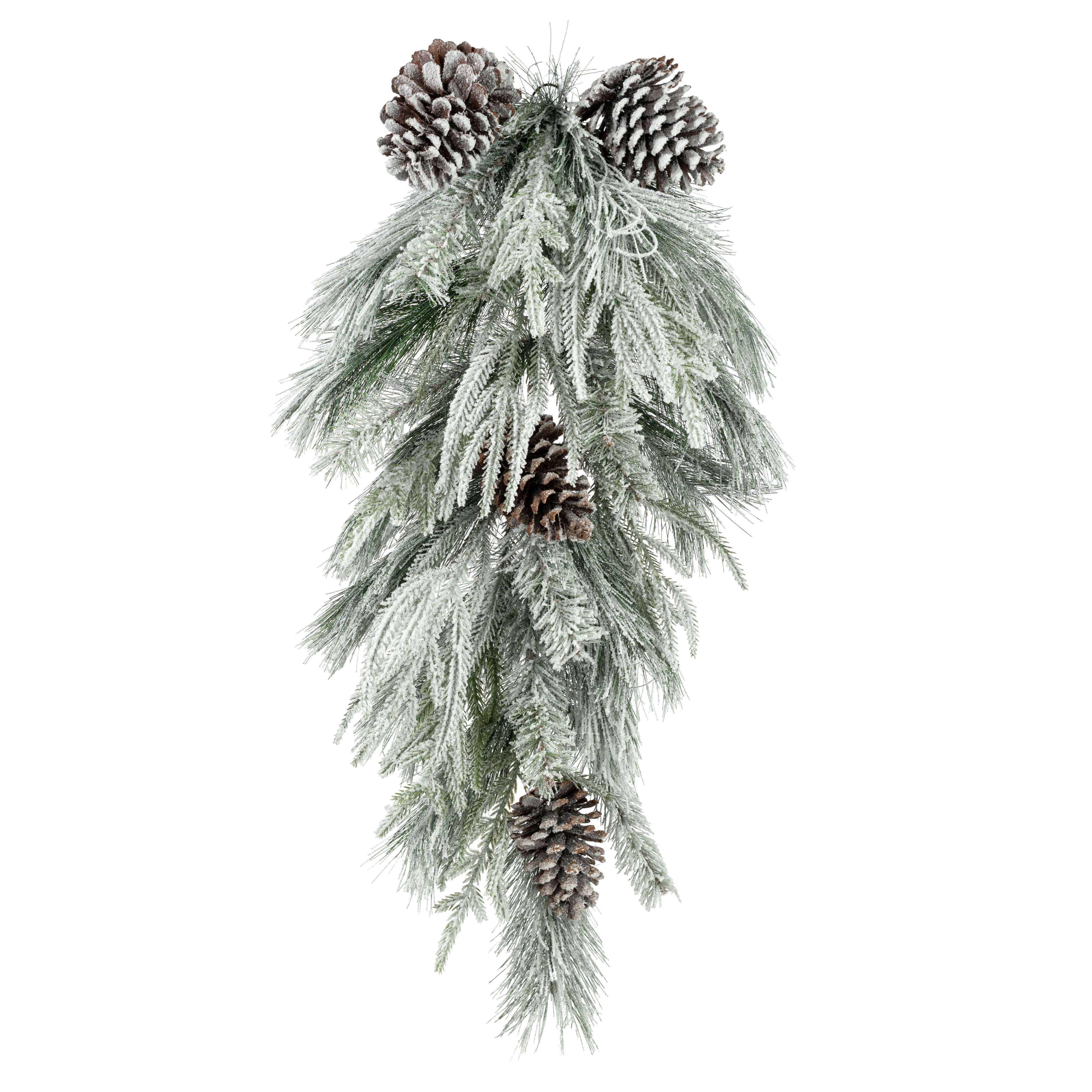 30" Flocked Mixed Pine & Cone Teardrop