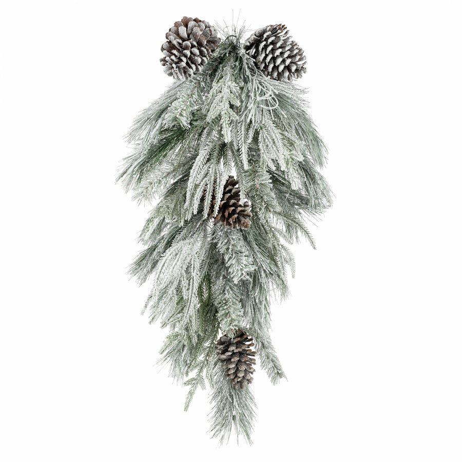 30" Flocked Mixed Pine & Cone Teardrop