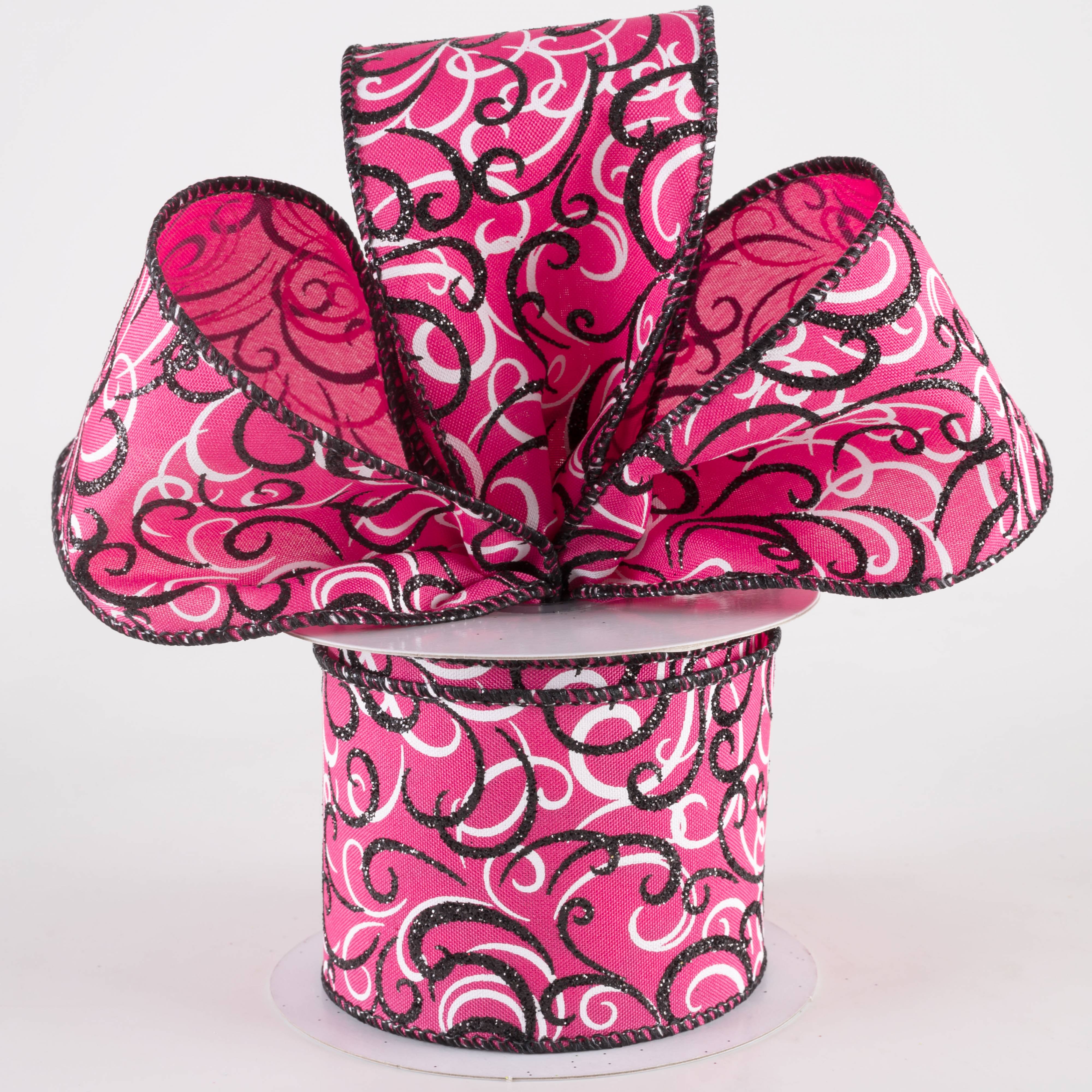 2.5" Glittered Multi Swirls Ribbon: Black & White on Hot Pink (10 Yards)