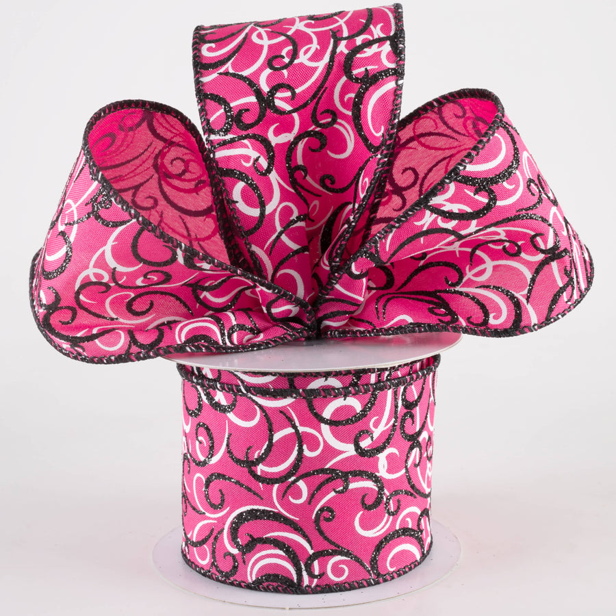 2.5" Glittered Multi Swirls Ribbon: Black & White on Hot Pink (10 Yards)