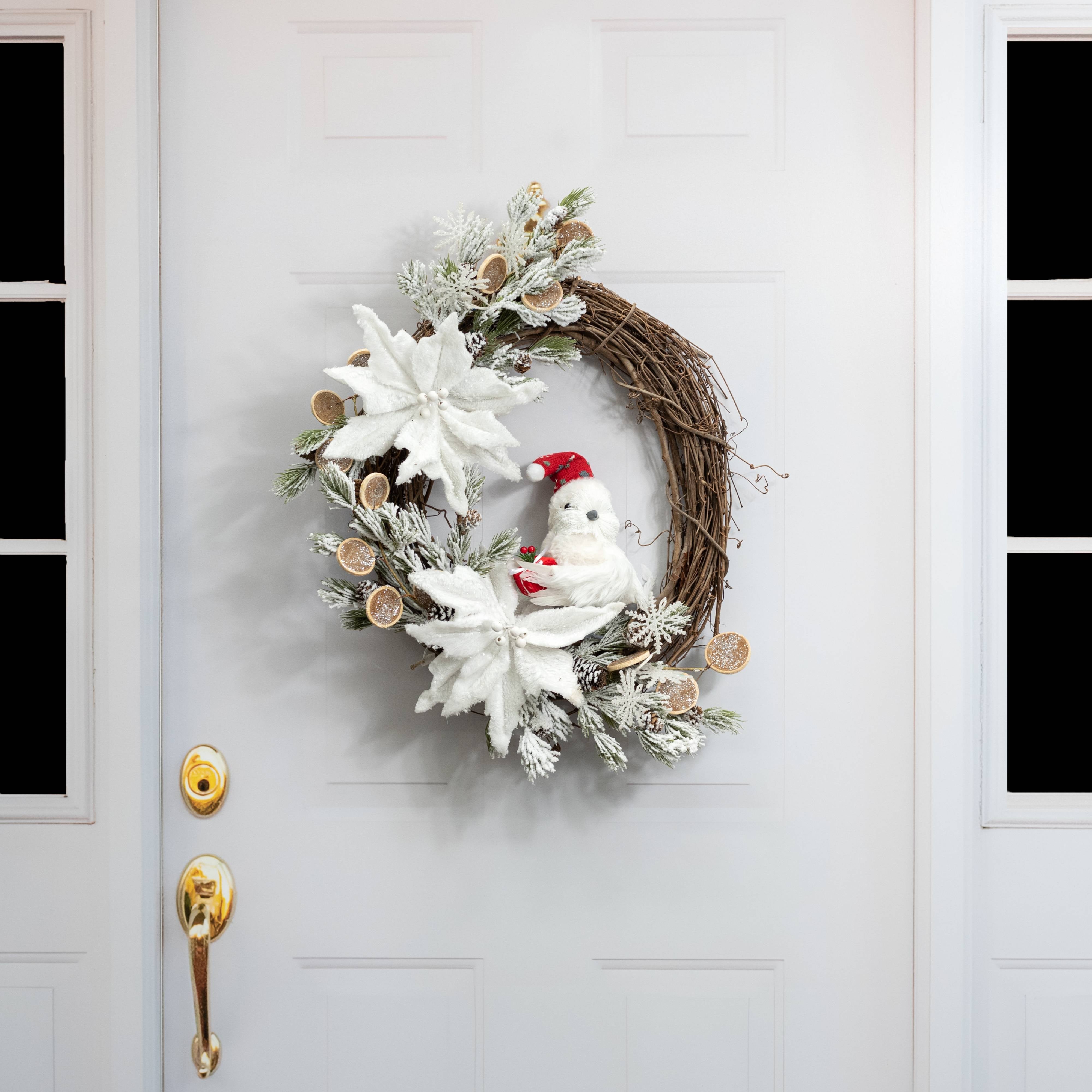 9" Feathered Christmas Bird with Hat & Gift: White detail photo 4
