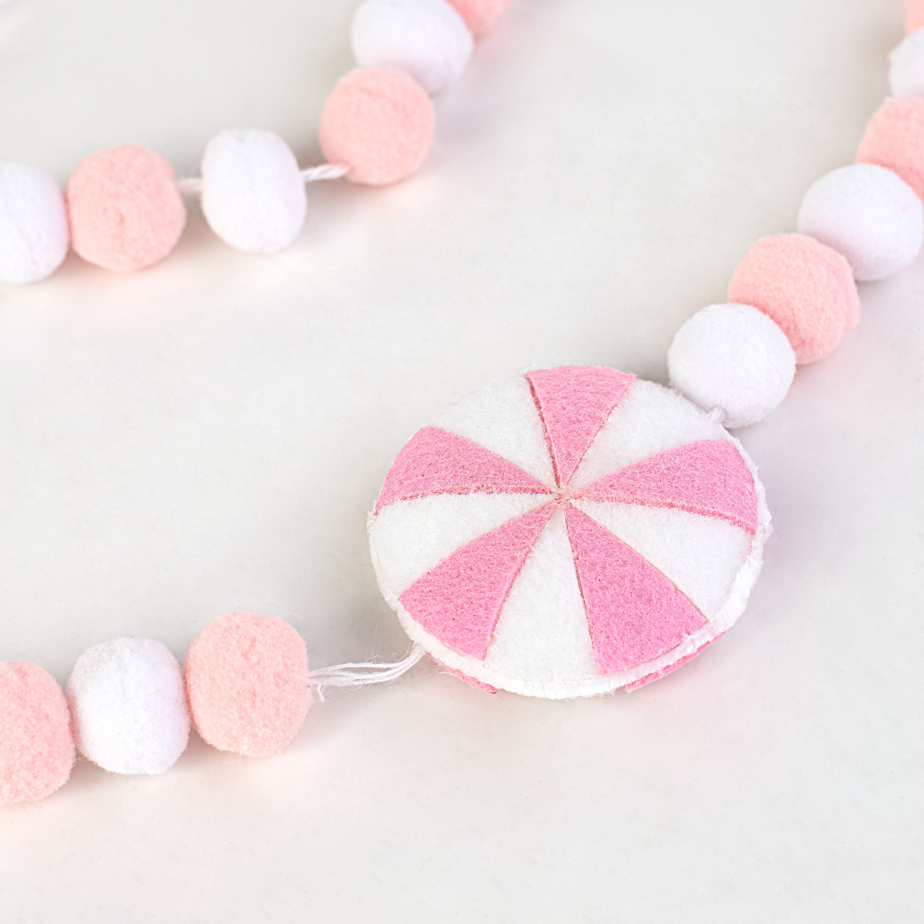 5' Felt Ball Peppermint Garland: Pink & White detail photo 3
