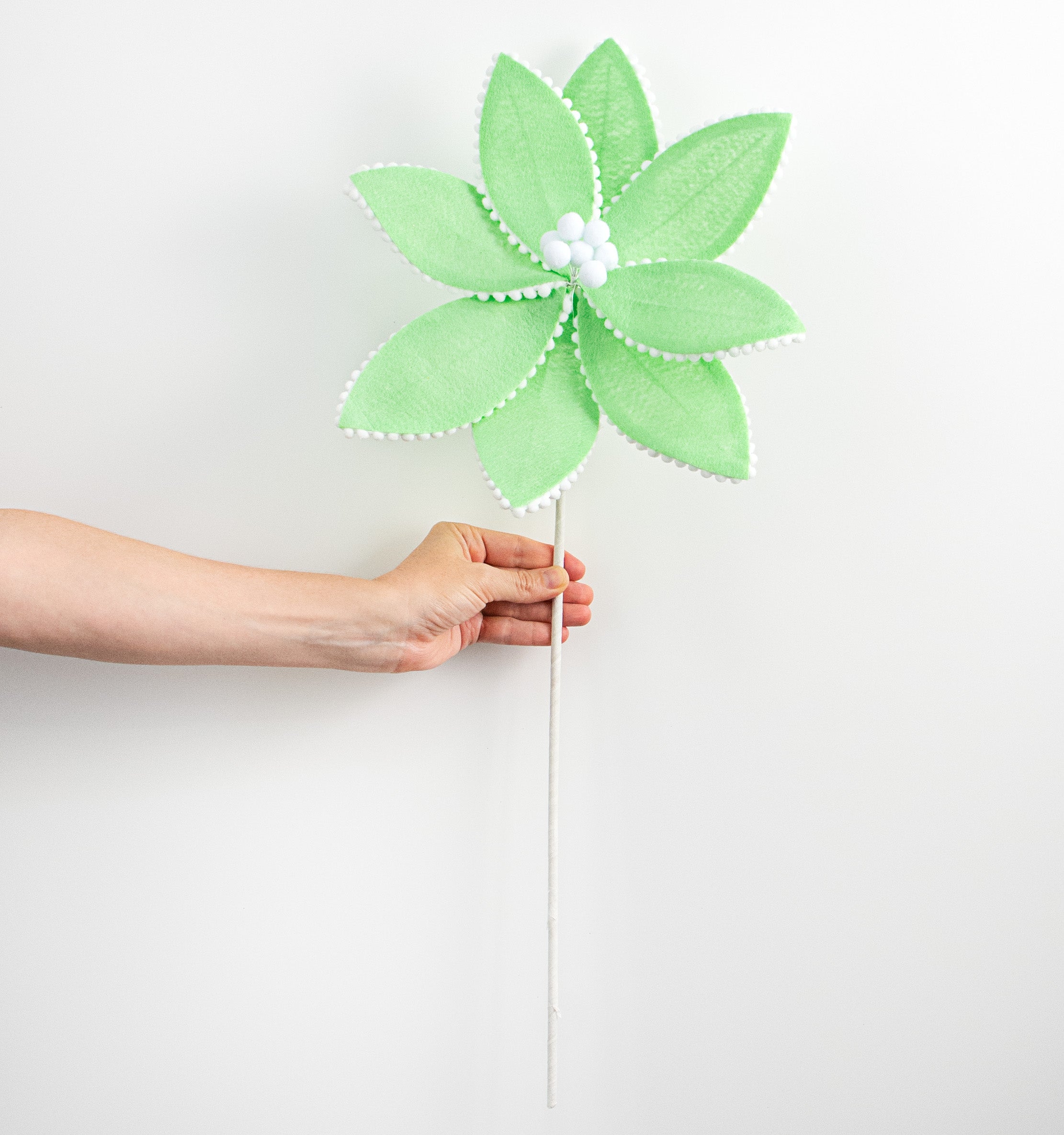12" Felt Poinsettia Ball Fringe Stem: Mint Green detail photo 3