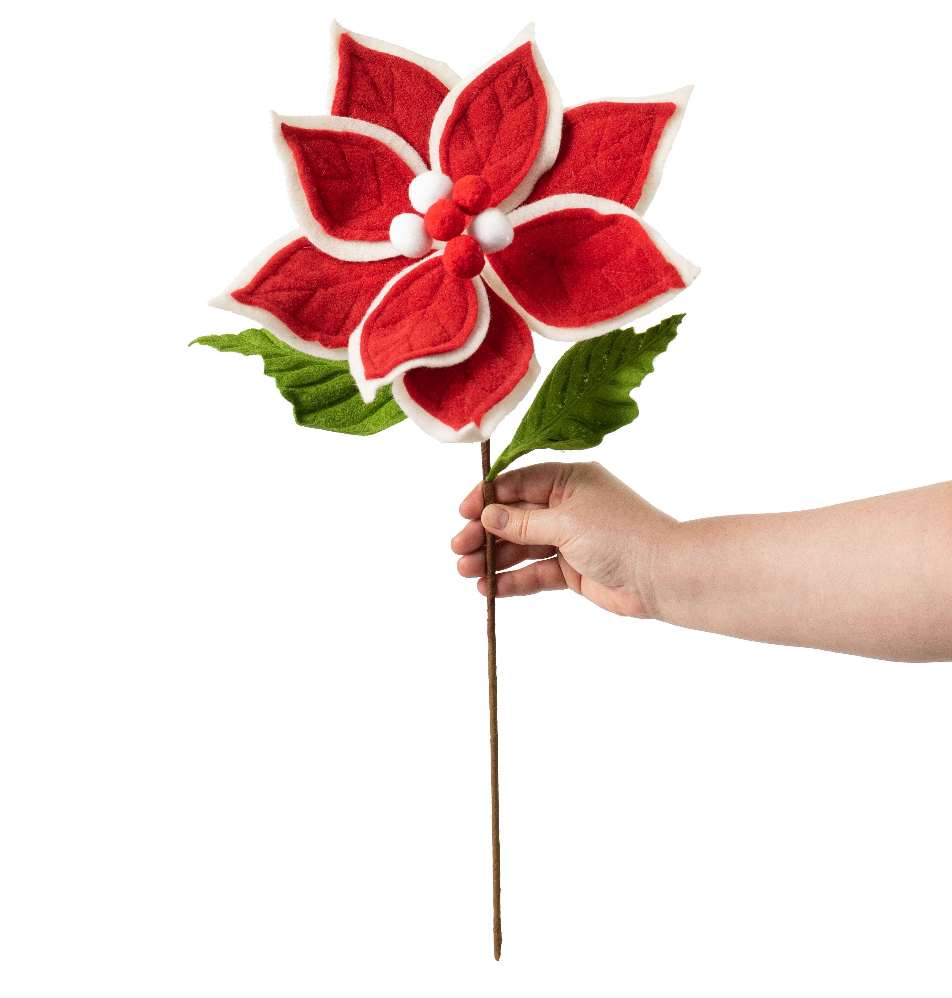 22" Felt Poinsettia Stem: Red, Green, White detail photo 3