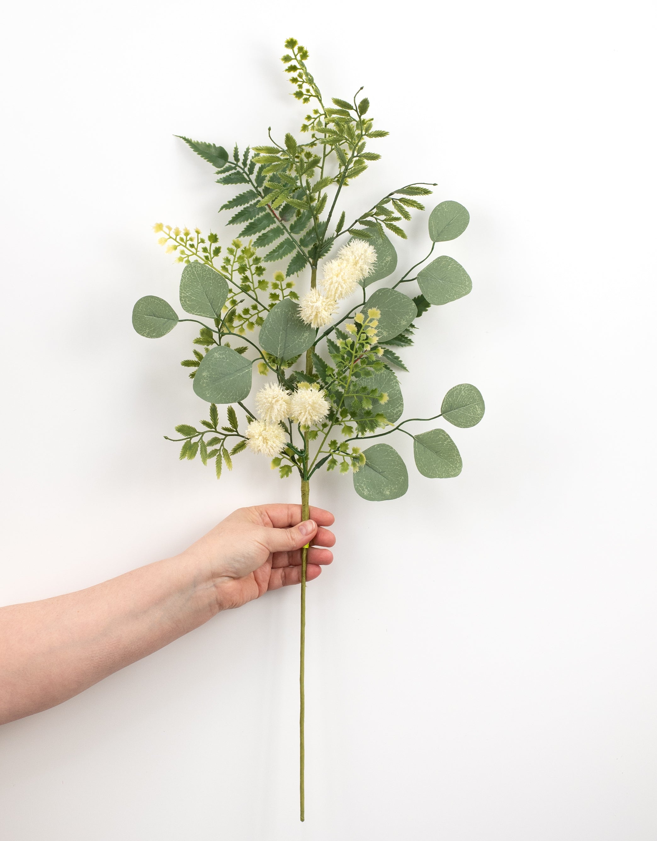 28" Fern, Eucalyptus, Pom Pom Spray: Cream detail photo 3