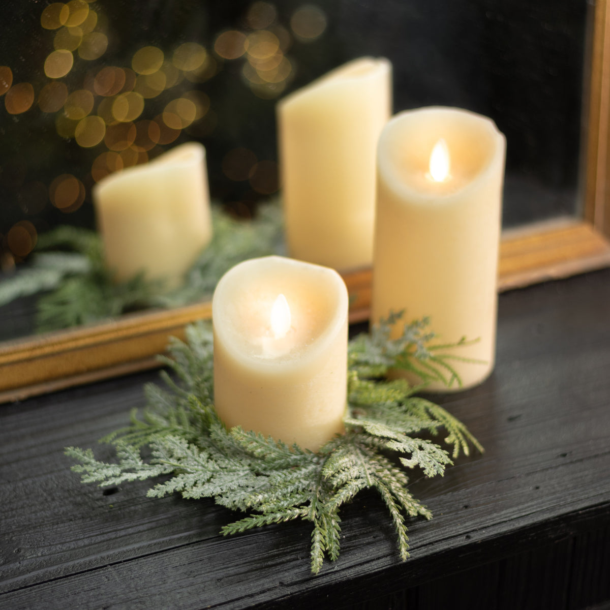 3" Fern Pine Candle Ring: Lightly Flocked Lifestyle Photo