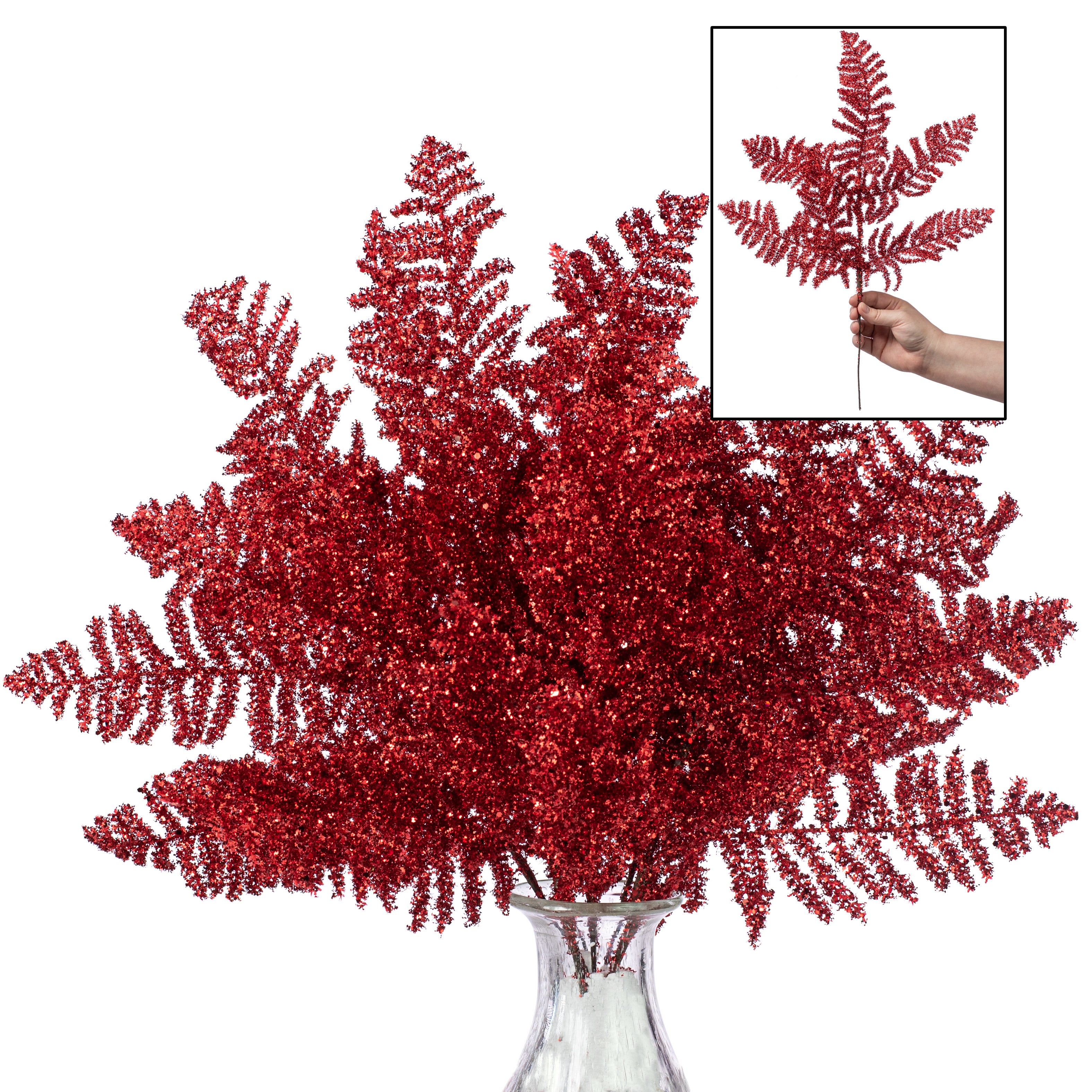 19" Fern Spray: Red Glitter (Set of 6) Item Number: XS748824