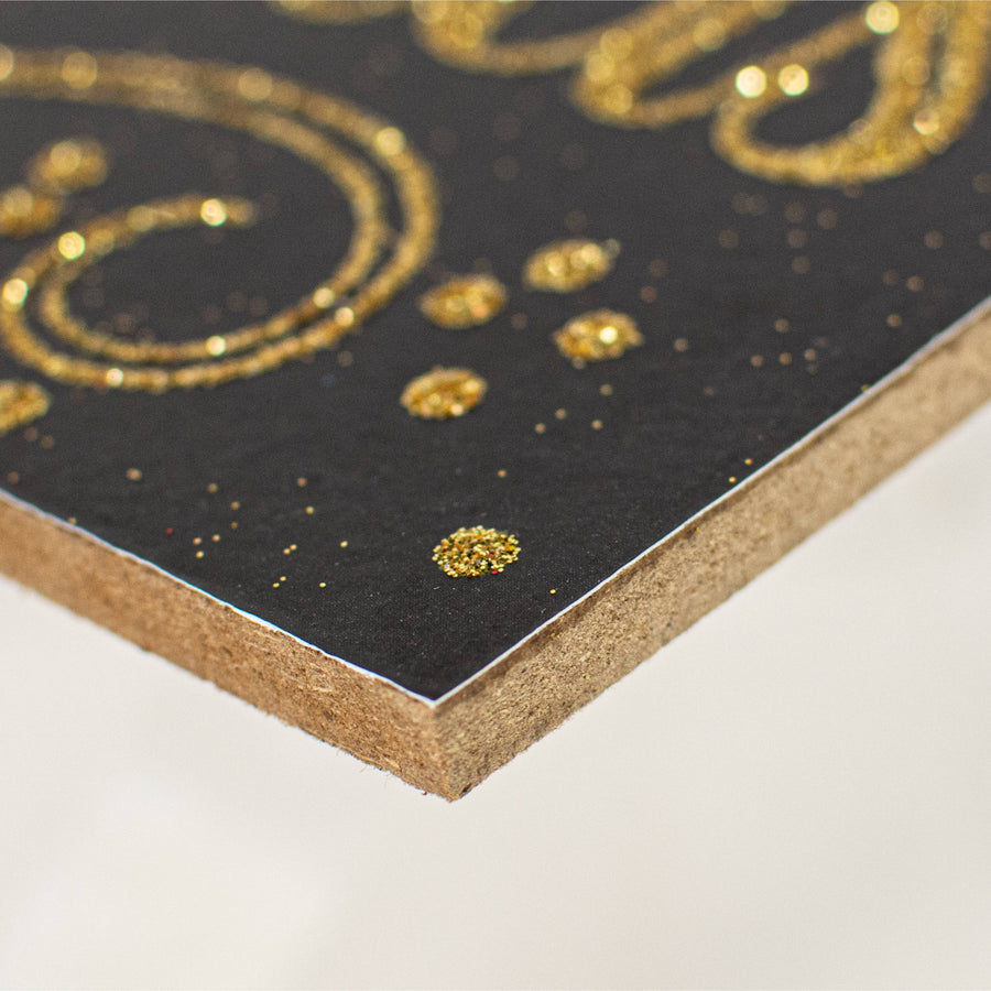 15" Wooden Sign: Merry Christmas Glitter Swirls - Black & Gold