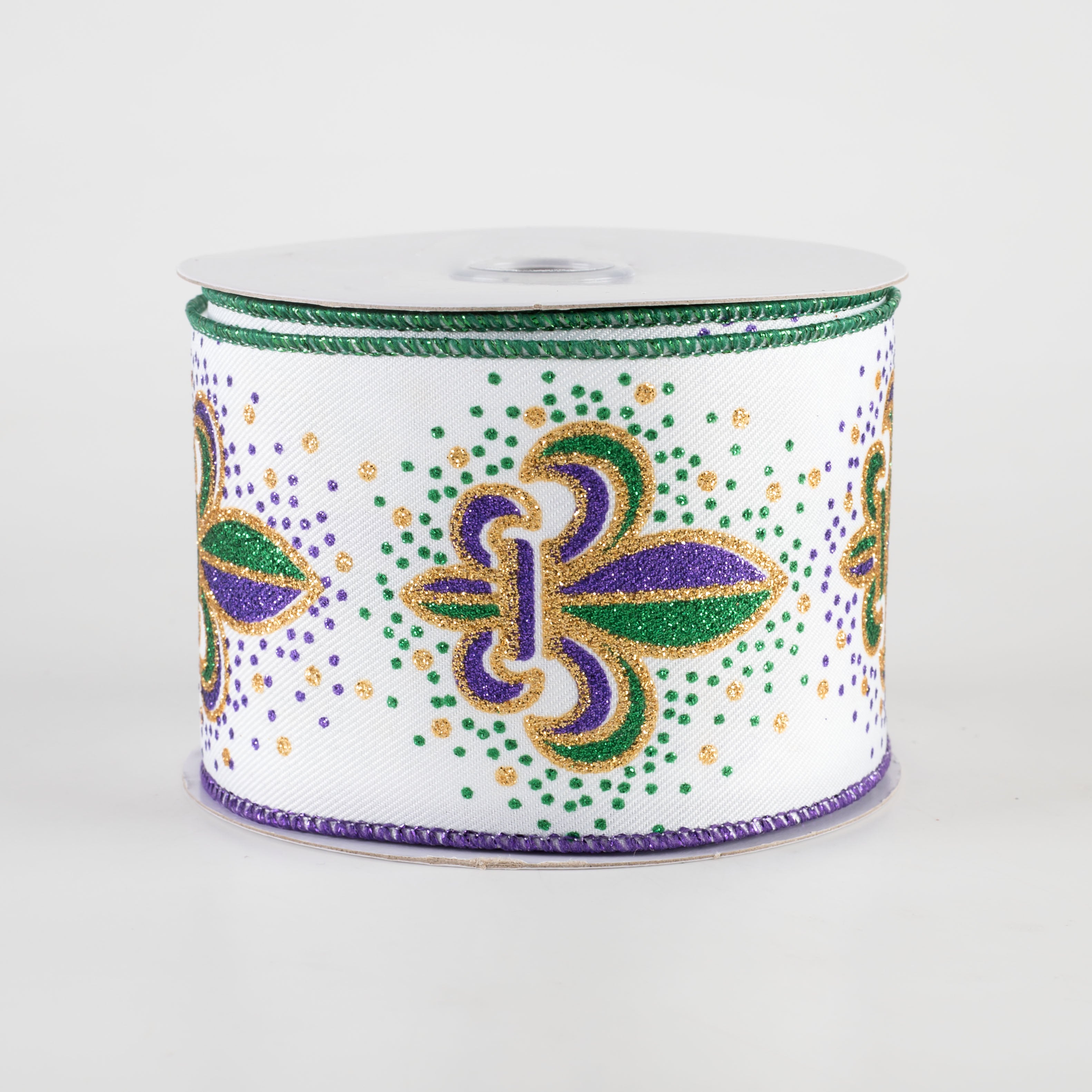 2.5" Fleur de Lis Ribbon: White & Mardi Gras (10 Yards)